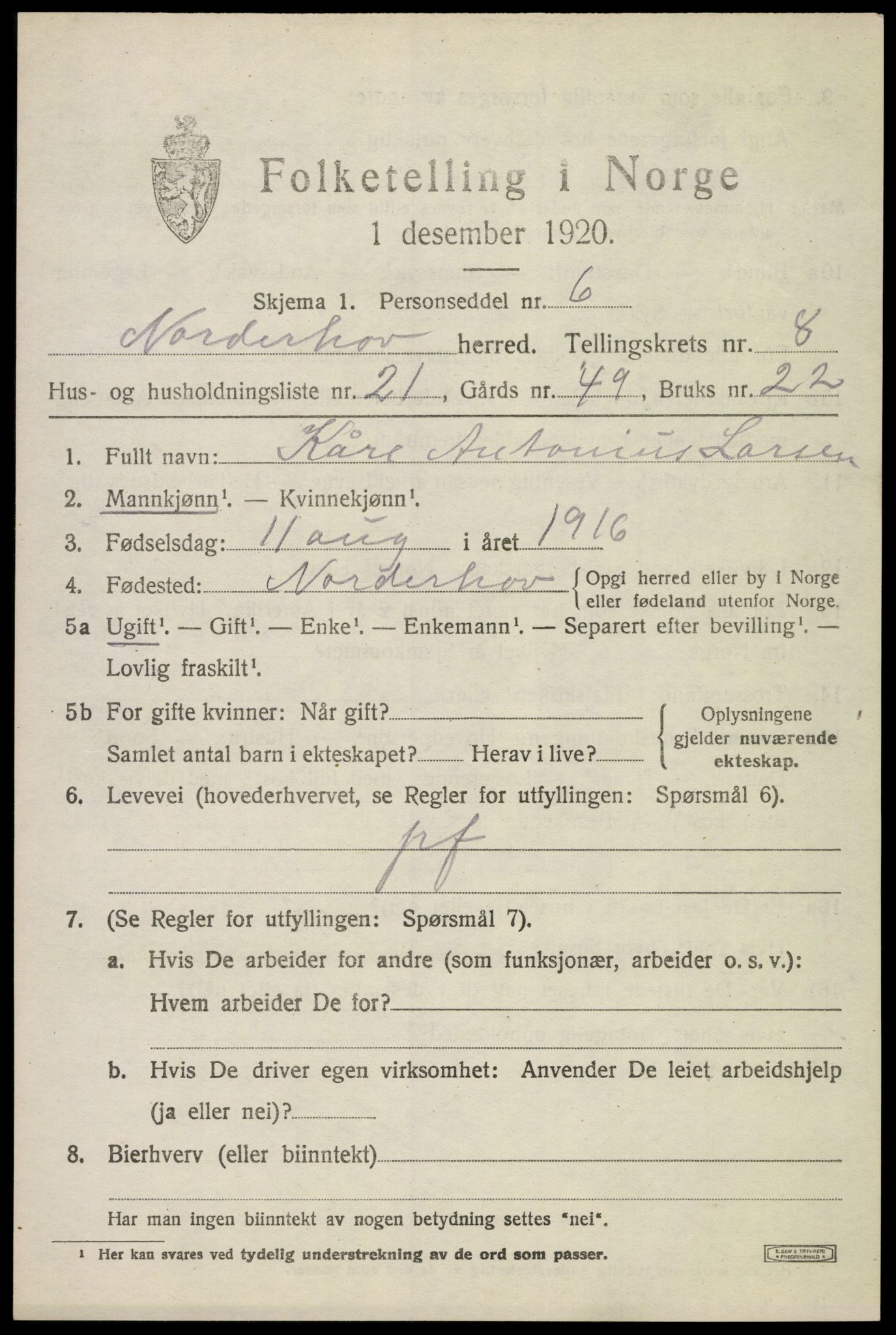 SAKO, 1920 census for Norderhov, 1920, p. 10621