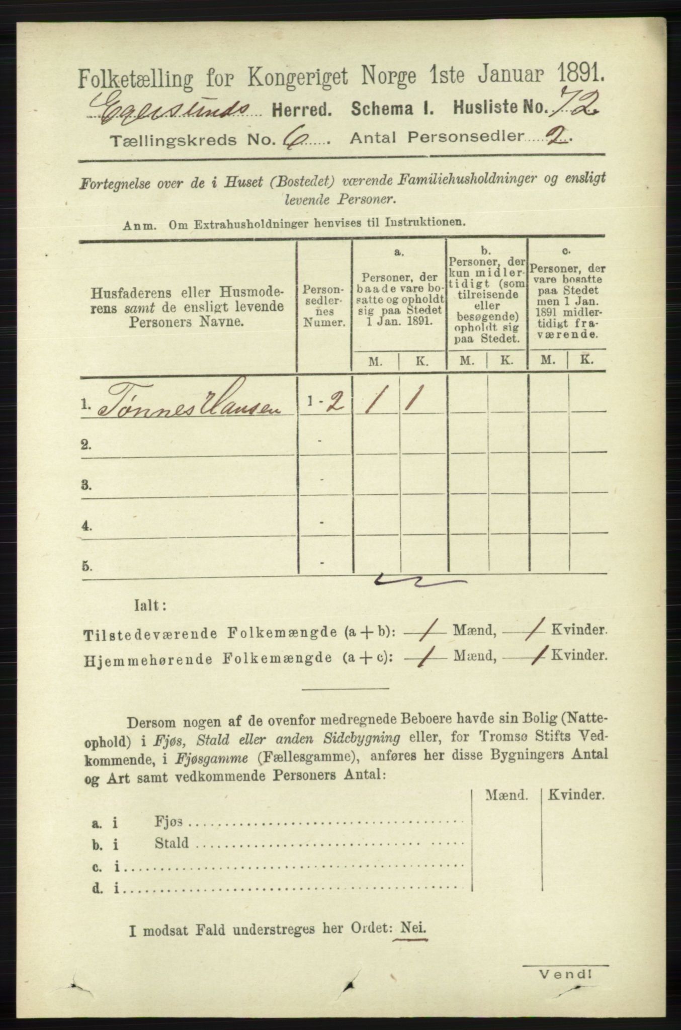 RA, 1891 census for 1116 Eigersund herred, 1891, p. 2266