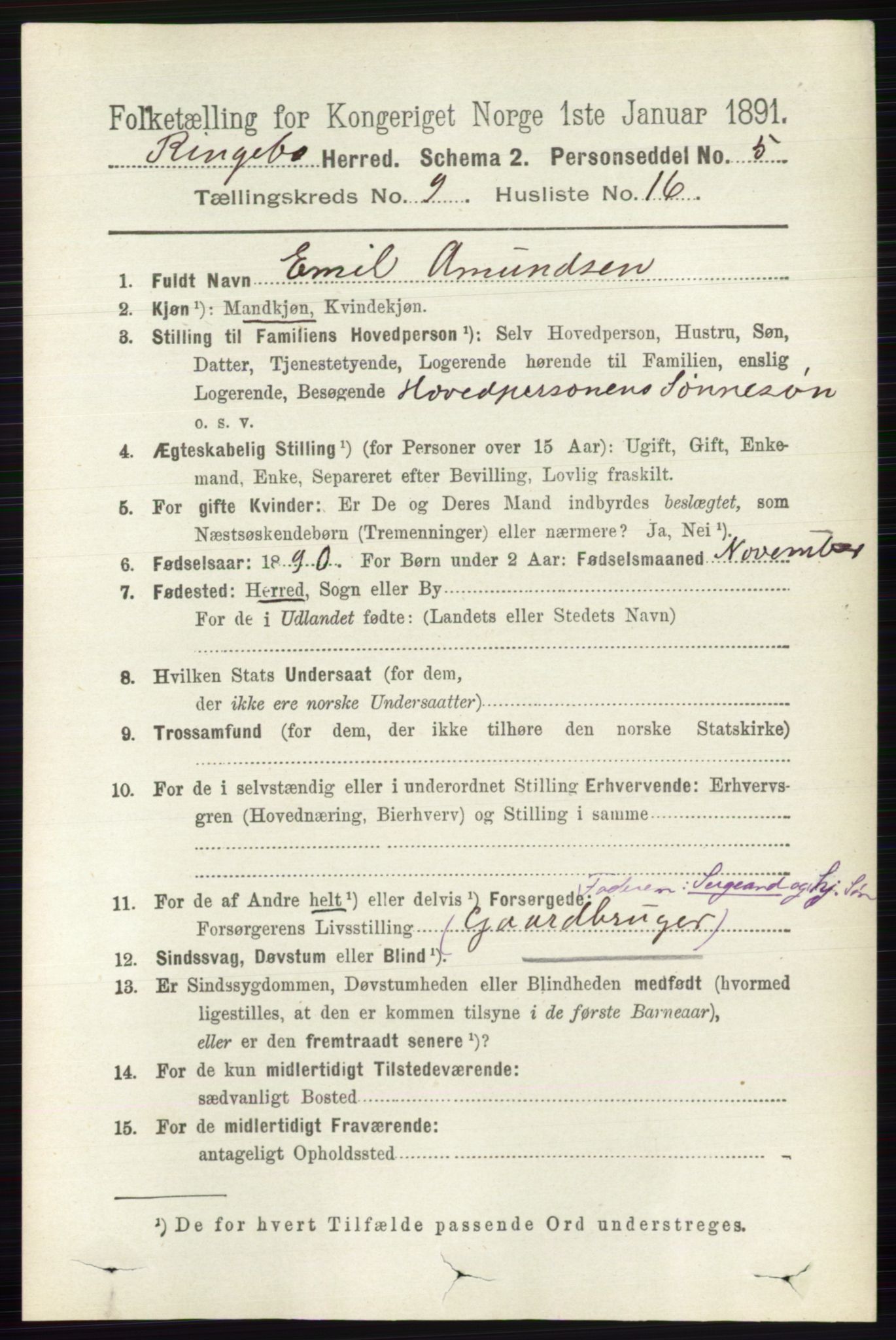 RA, 1891 census for 0520 Ringebu, 1891, p. 4346