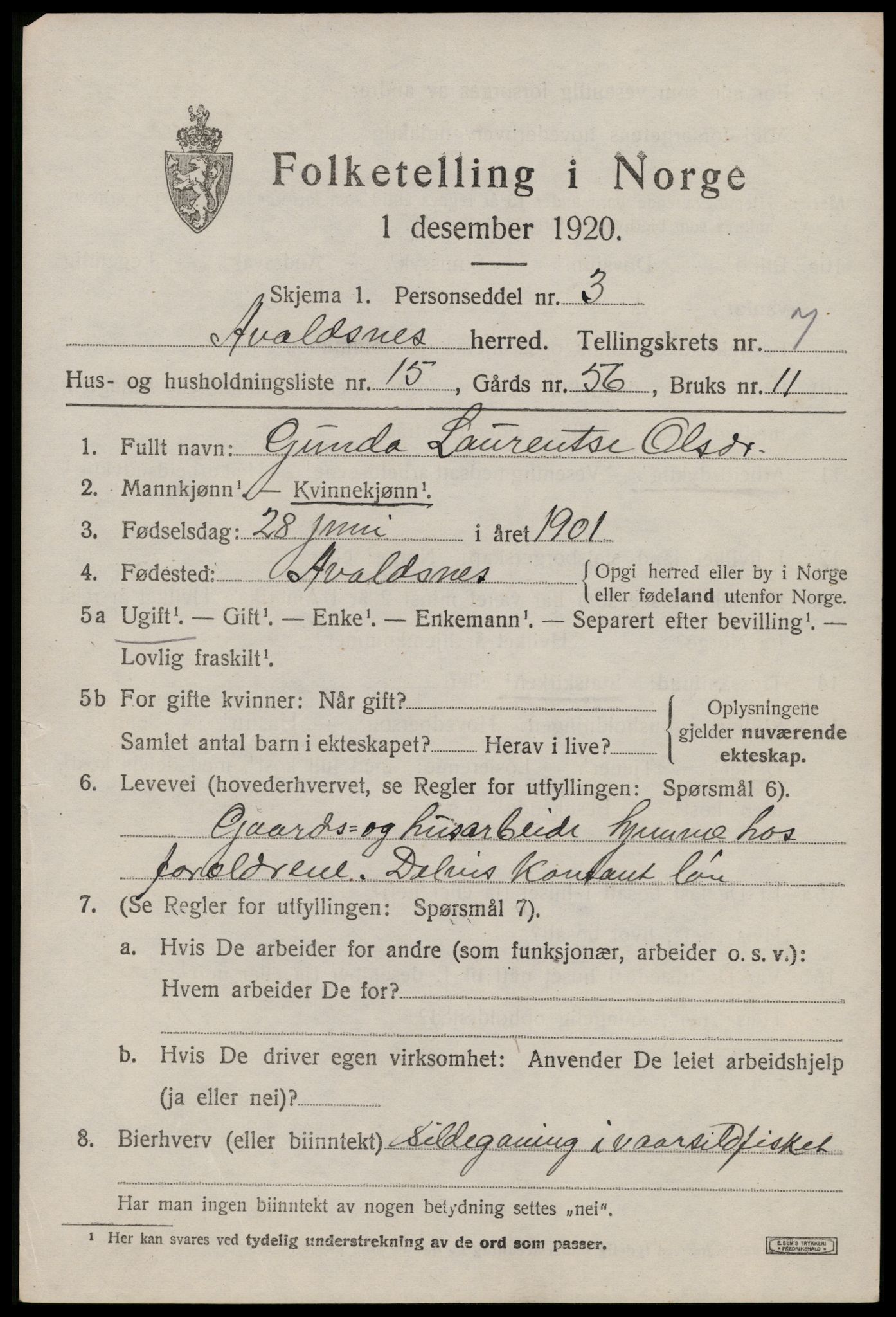 SAST, 1920 census for Avaldsnes, 1920, p. 5987