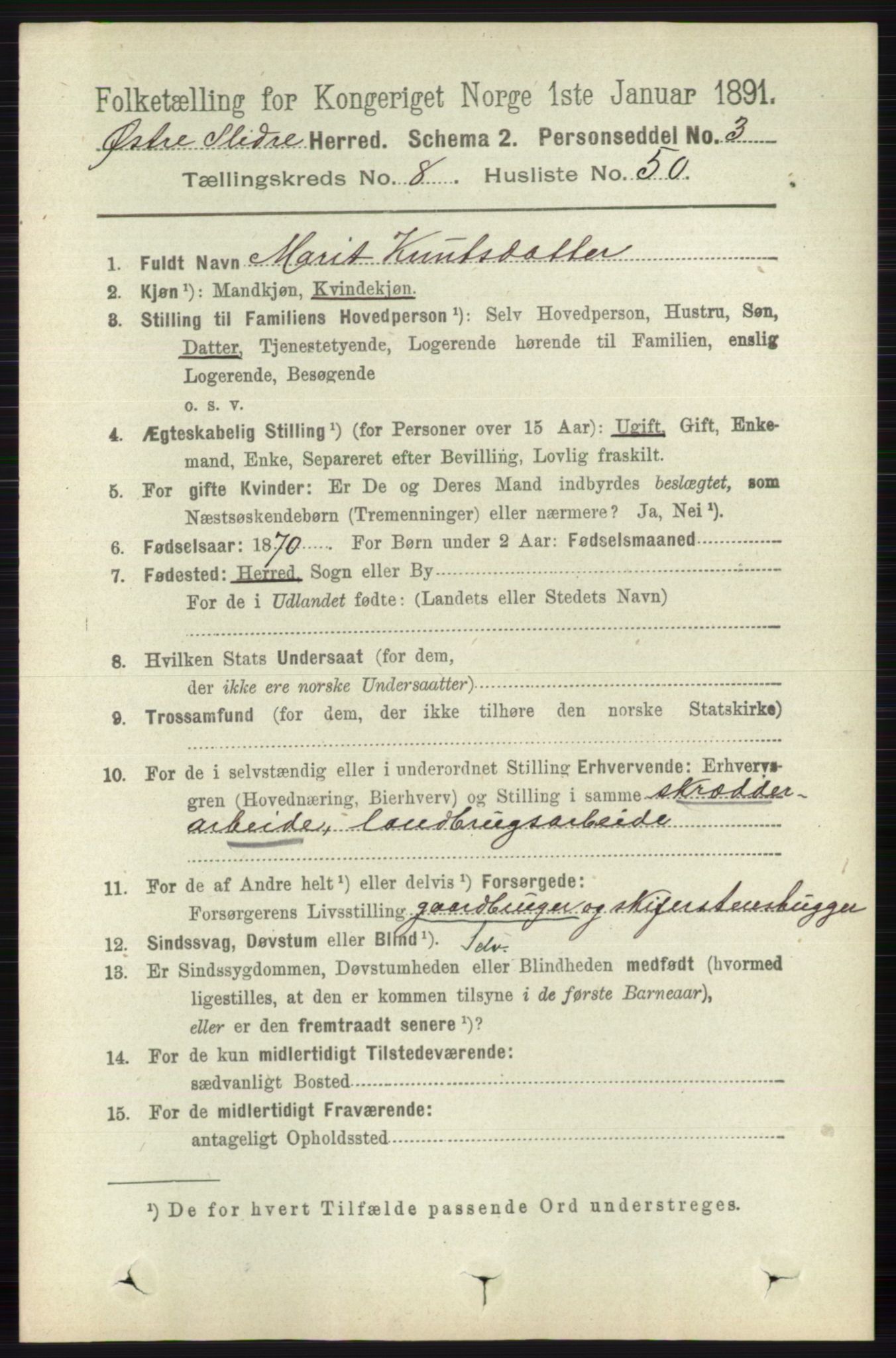 RA, 1891 census for 0544 Øystre Slidre, 1891, p. 2823