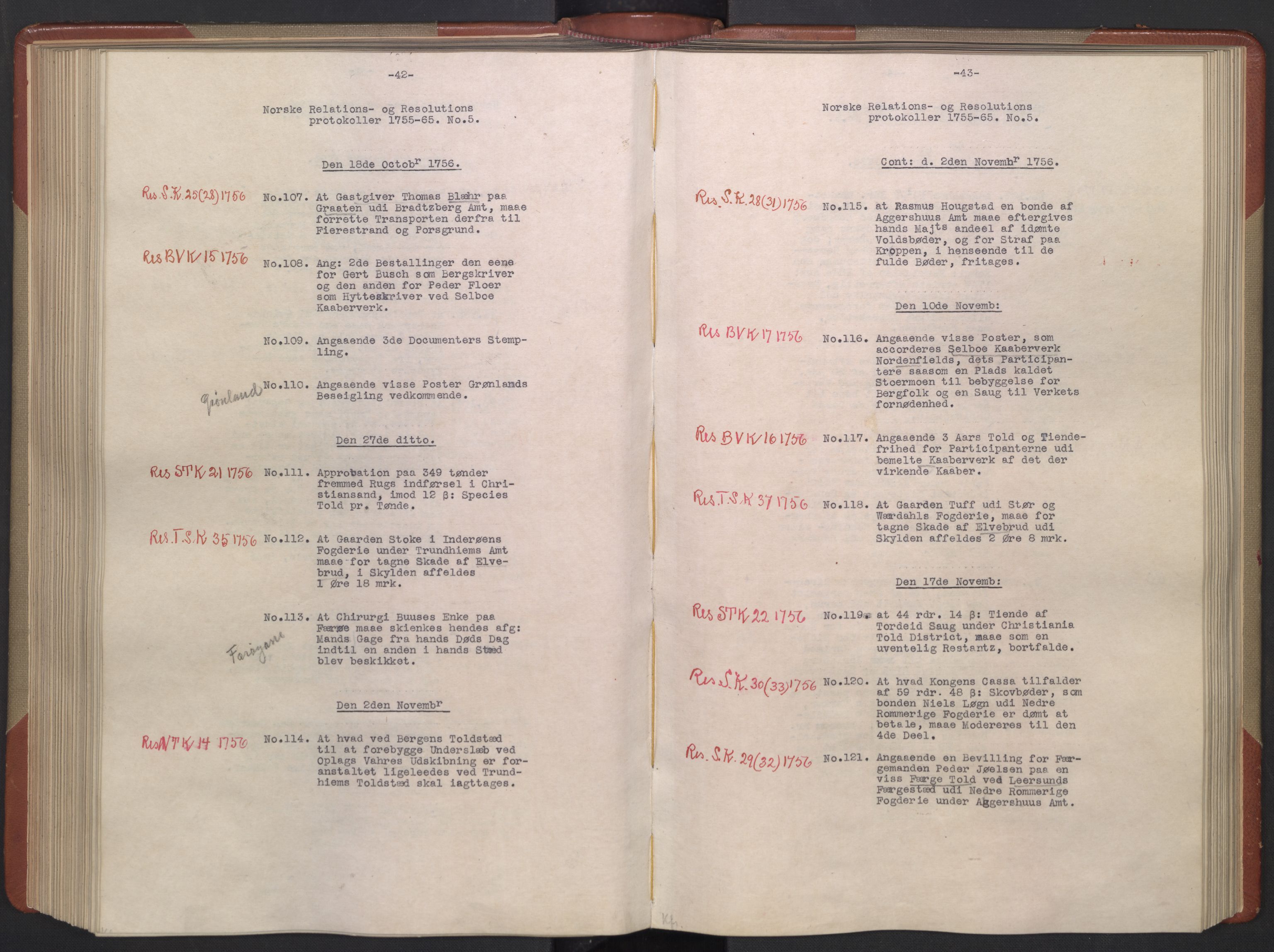 Avskriftsamlingen, AV/RA-EA-4022/F/Fb/L0119: Registratur over norske Relasjons- og  resolusjonsprotokoller, 1755-1765, p. 142