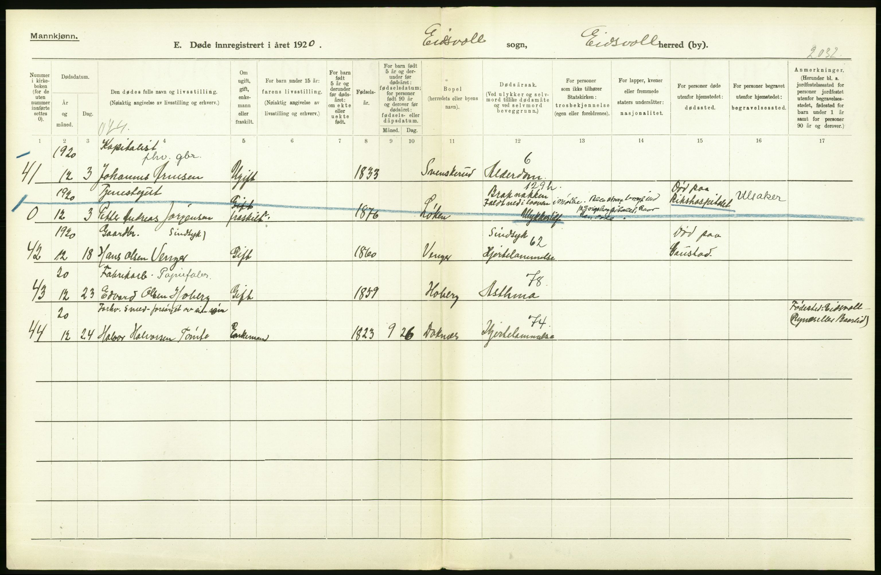 Statistisk sentralbyrå, Sosiodemografiske emner, Befolkning, AV/RA-S-2228/D/Df/Dfb/Dfbj/L0007: Akershus fylke: Døde. Bygder og byer., 1920, p. 216