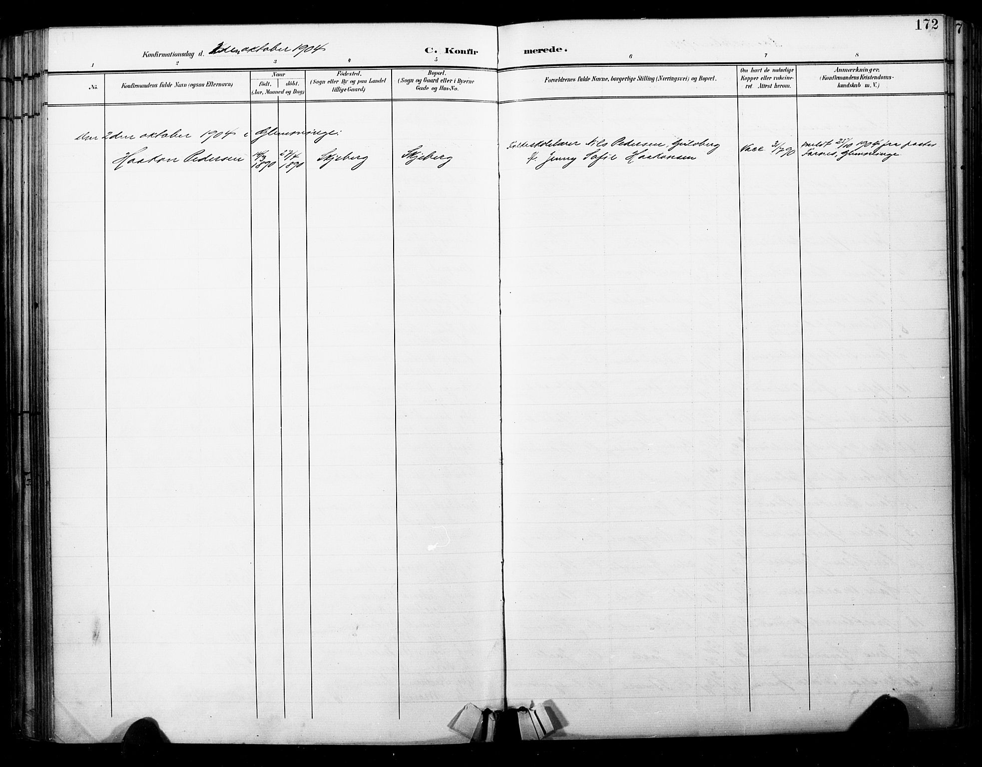 Skjeberg prestekontor Kirkebøker, SAO/A-10923/F/Fa/L0010: Parish register (official) no. I 10, 1898-1911, p. 172
