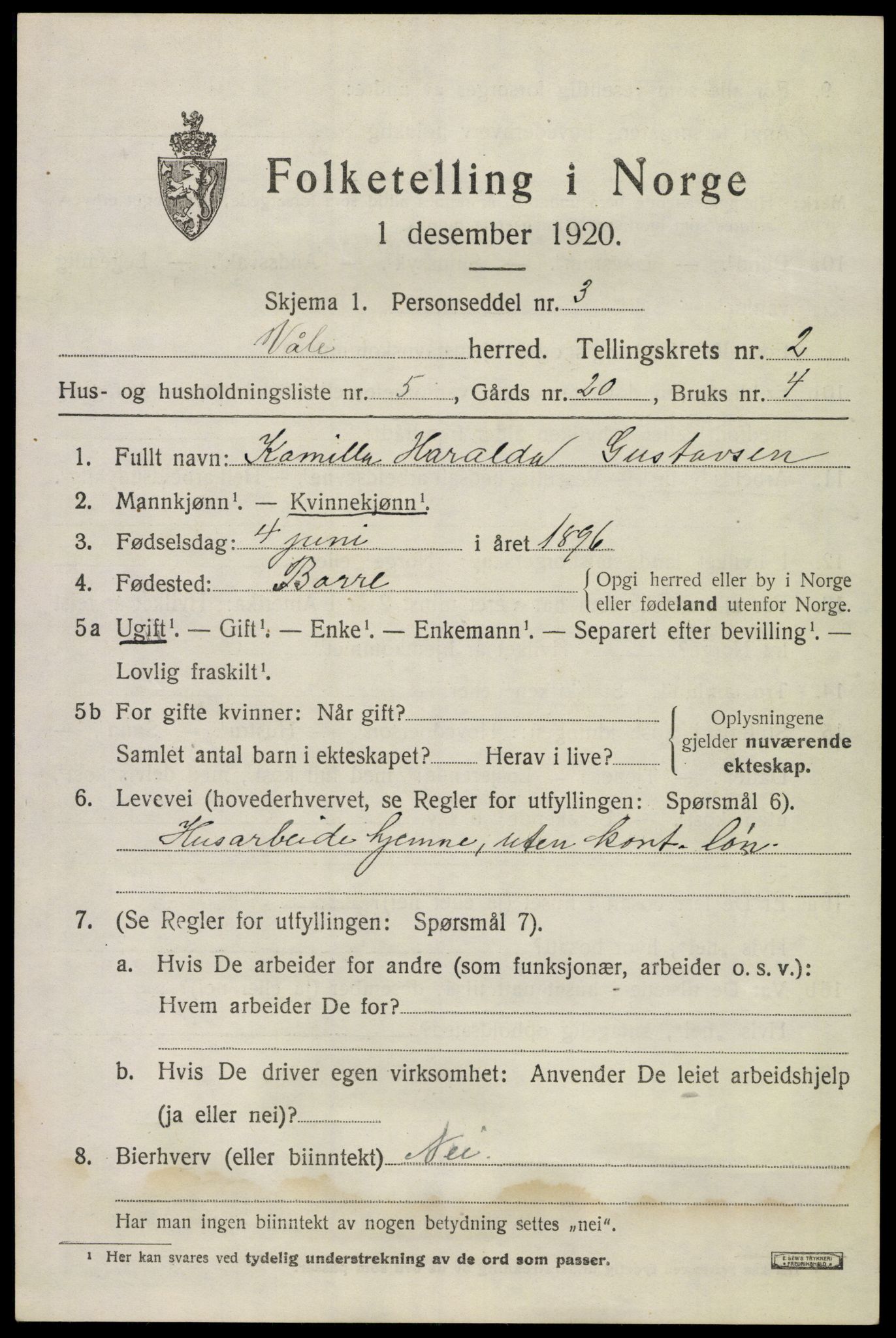 SAKO, 1920 census for Våle, 1920, p. 1954