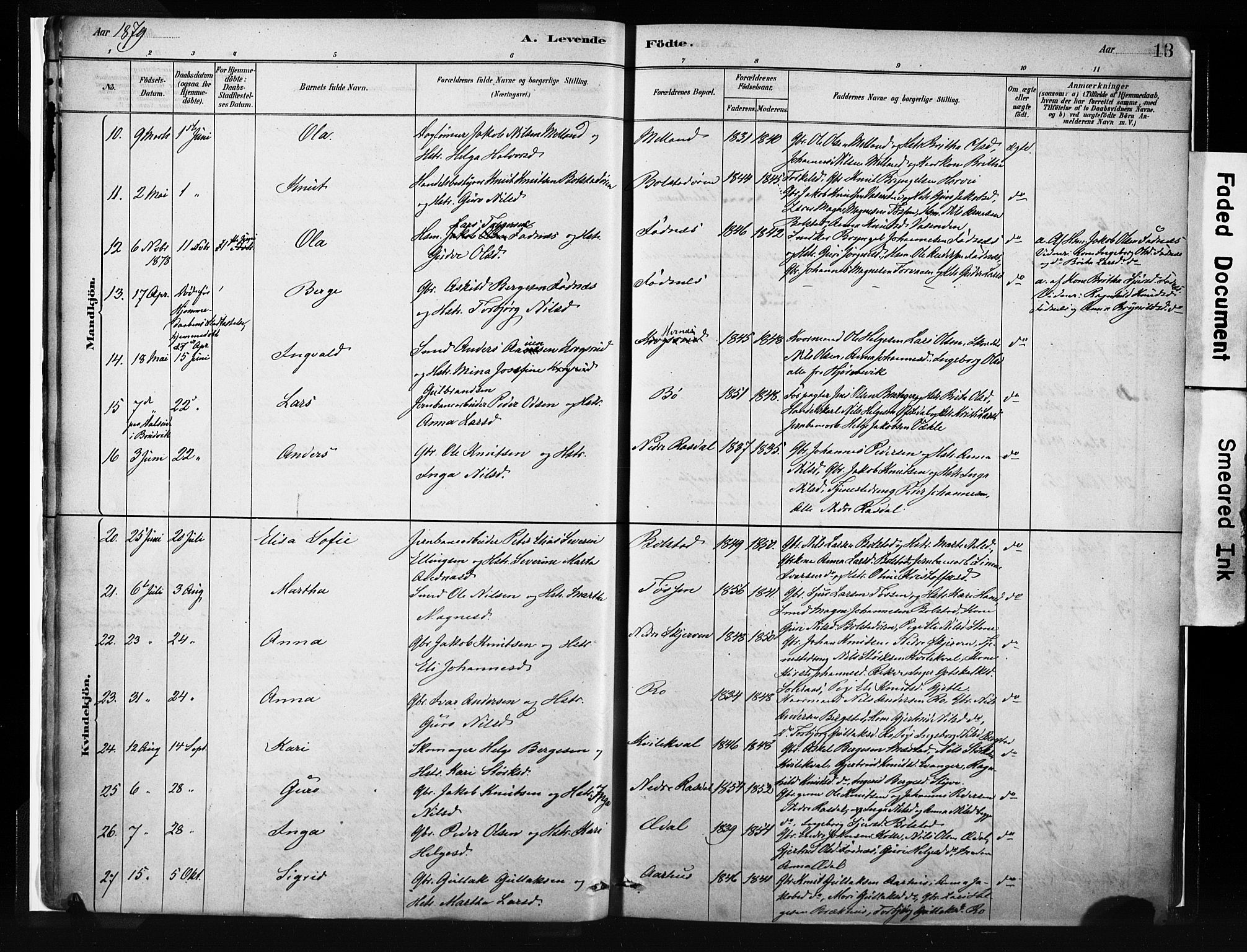 Evanger sokneprestembete, AV/SAB-A-99924: Parish register (official) no. A 1, 1877-1899, p. 13