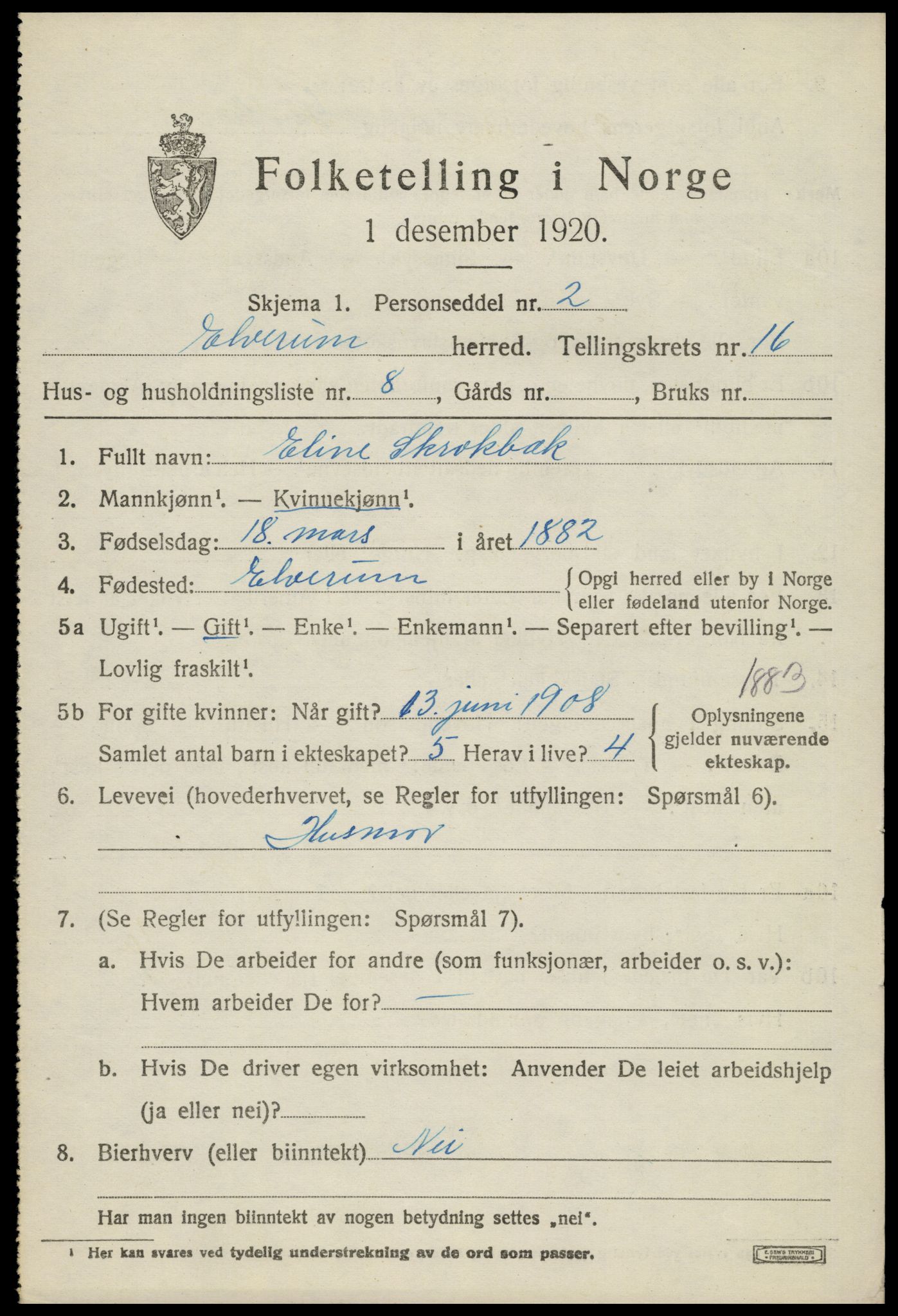 SAH, 1920 census for Elverum, 1920, p. 20876