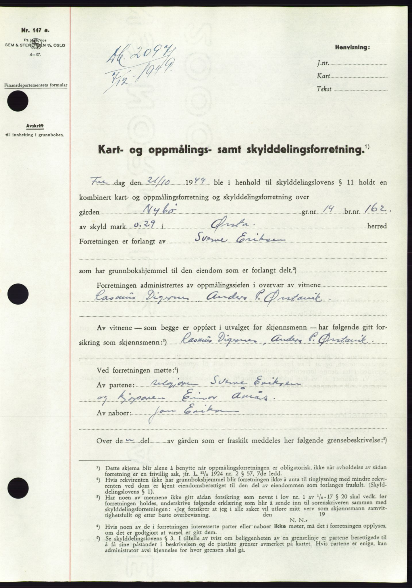 Søre Sunnmøre sorenskriveri, AV/SAT-A-4122/1/2/2C/L0085: Mortgage book no. 11A, 1949-1949, Diary no: : 2097/1949