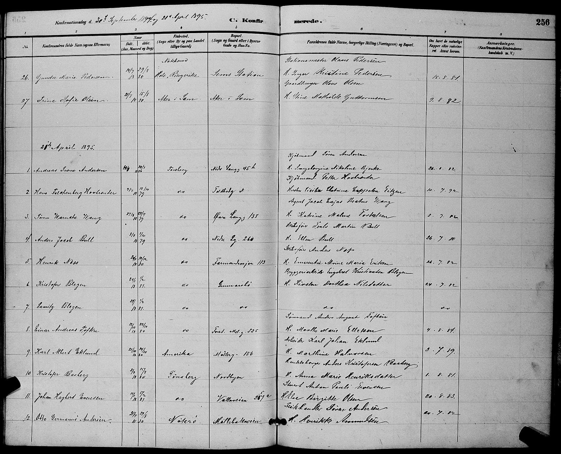 Tønsberg kirkebøker, AV/SAKO-A-330/G/Ga/L0006: Parish register (copy) no. 6, 1885-1895, p. 256