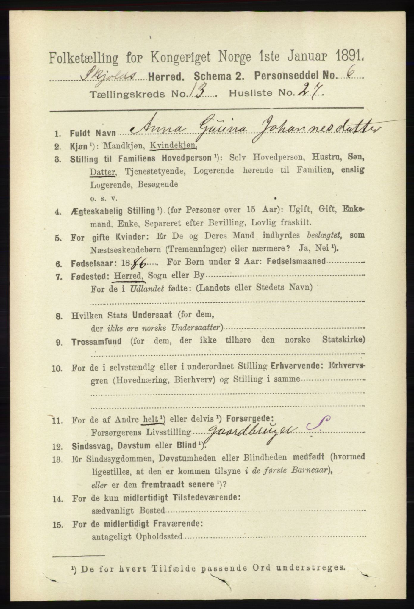 RA, 1891 census for 1154 Skjold, 1891, p. 2522