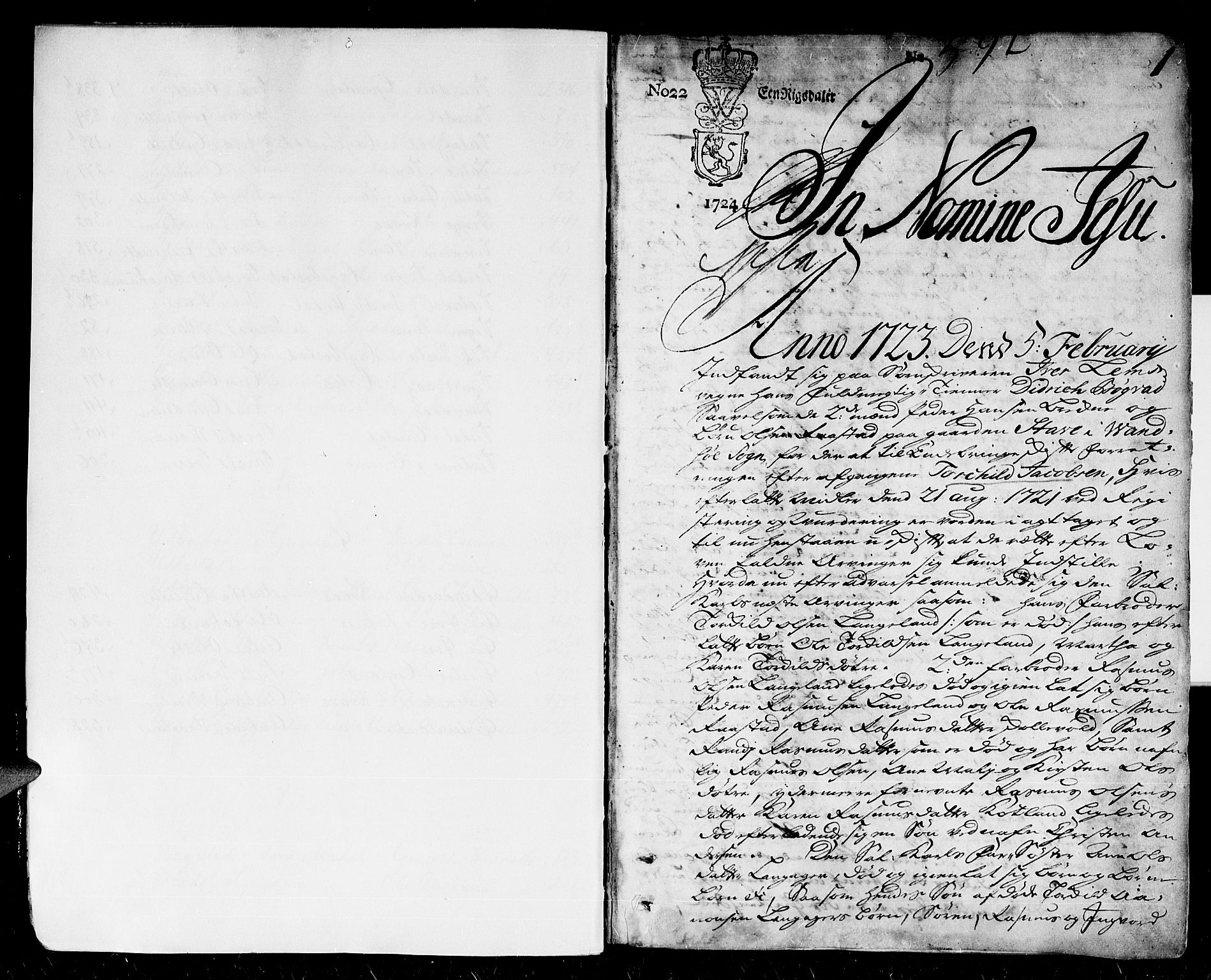 Lister sorenskriveri, AV/SAK-1221-0003/H/Hc/L0019: Skifteprotokoll nr 19 med register, 1723-1725, p. 0b-1a