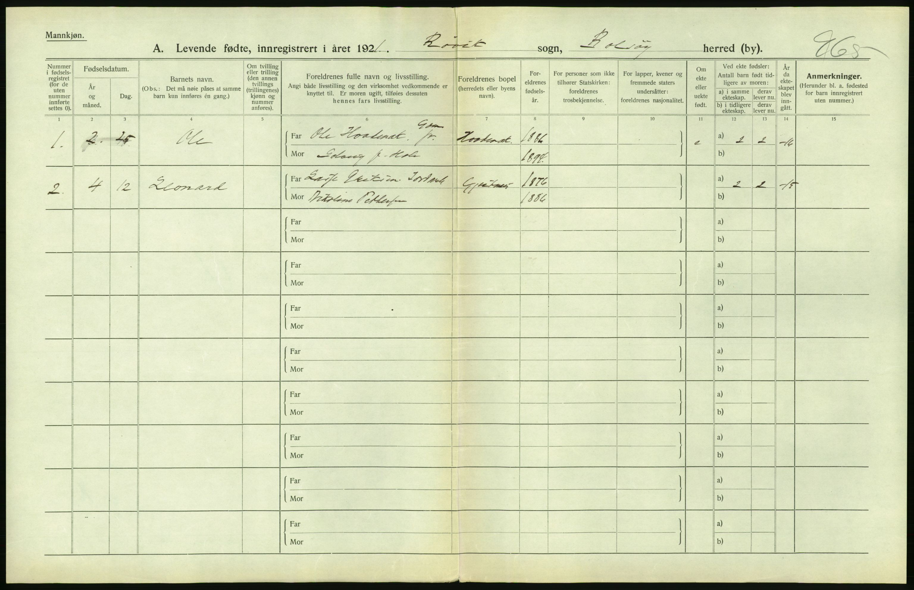 Statistisk sentralbyrå, Sosiodemografiske emner, Befolkning, RA/S-2228/D/Df/Dfc/Dfca/L0040: Møre fylke: Levendefødte menn og kvinner. Bygder., 1921, p. 374