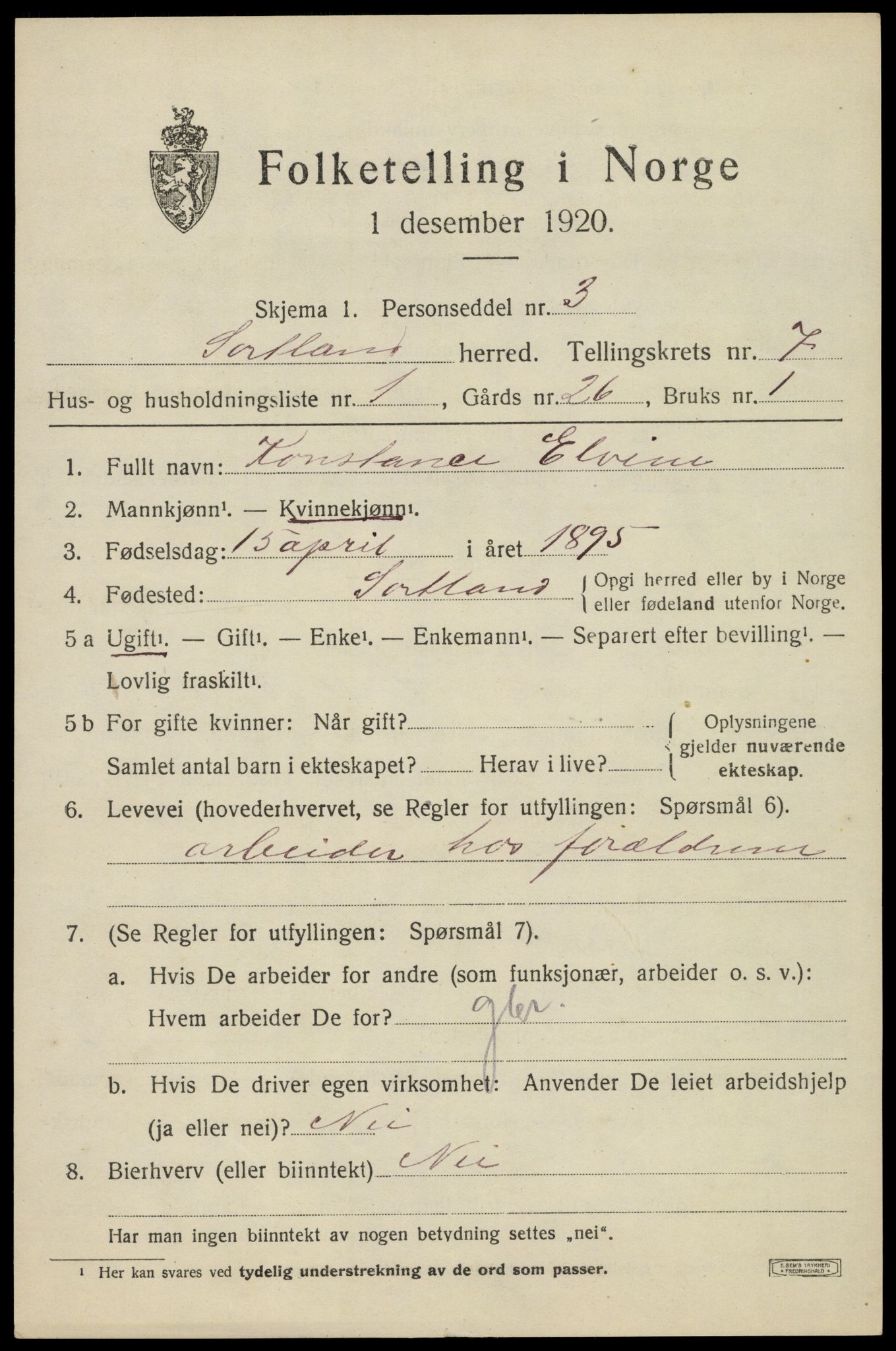 SAT, 1920 census for Sortland, 1920, p. 6538