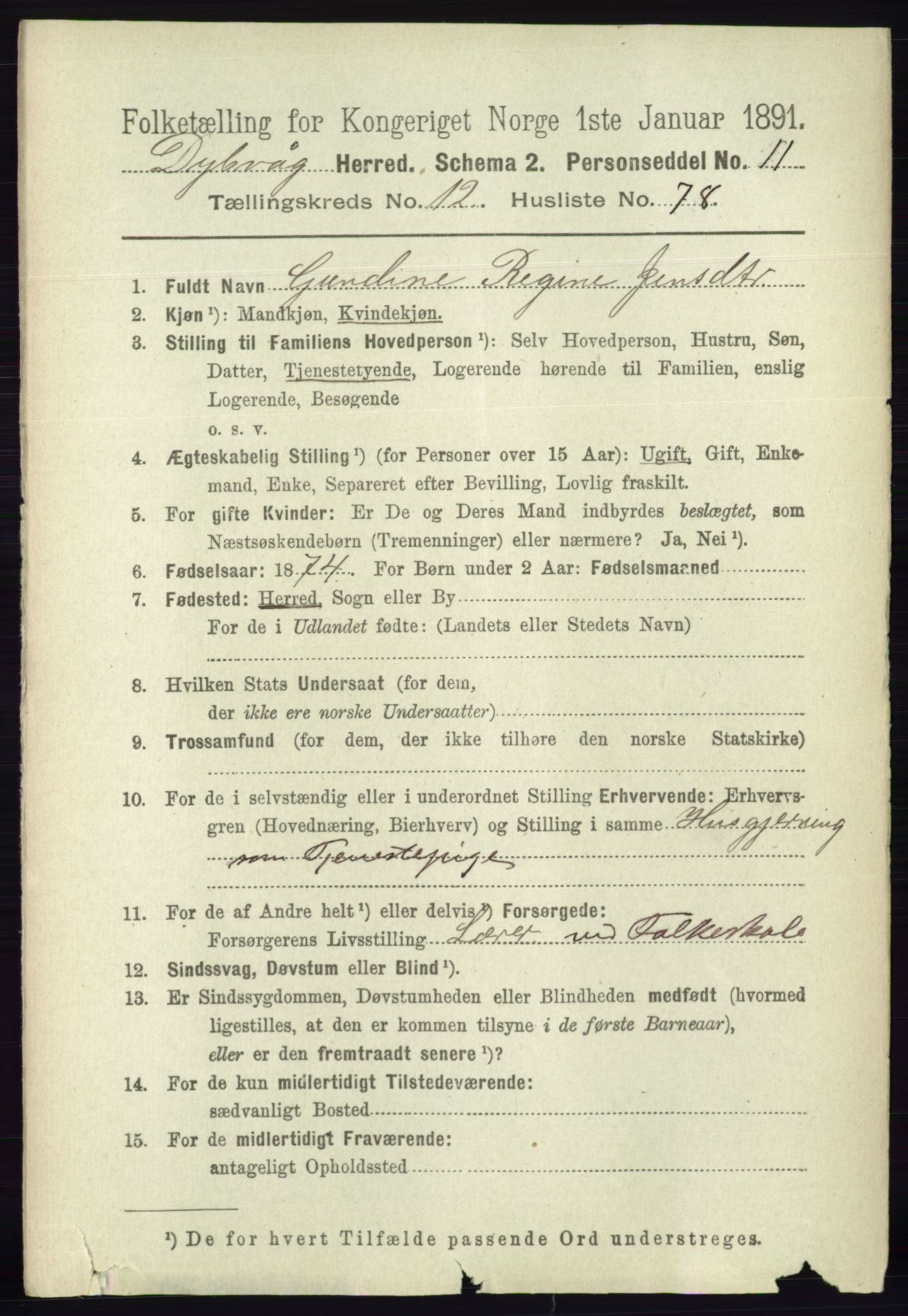 RA, 1891 census for 0915 Dypvåg, 1891, p. 5224