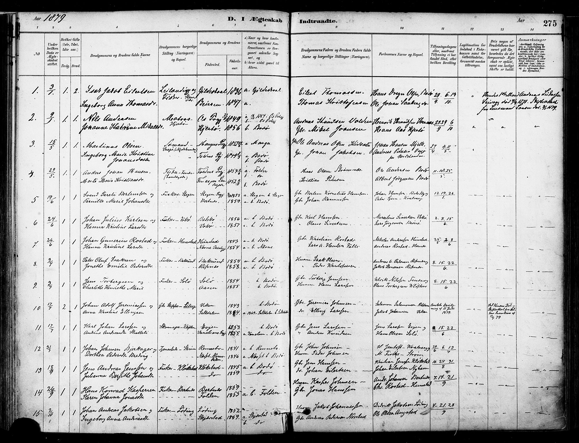 Ministerialprotokoller, klokkerbøker og fødselsregistre - Nordland, AV/SAT-A-1459/802/L0054: Parish register (official) no. 802A01, 1879-1893, p. 275