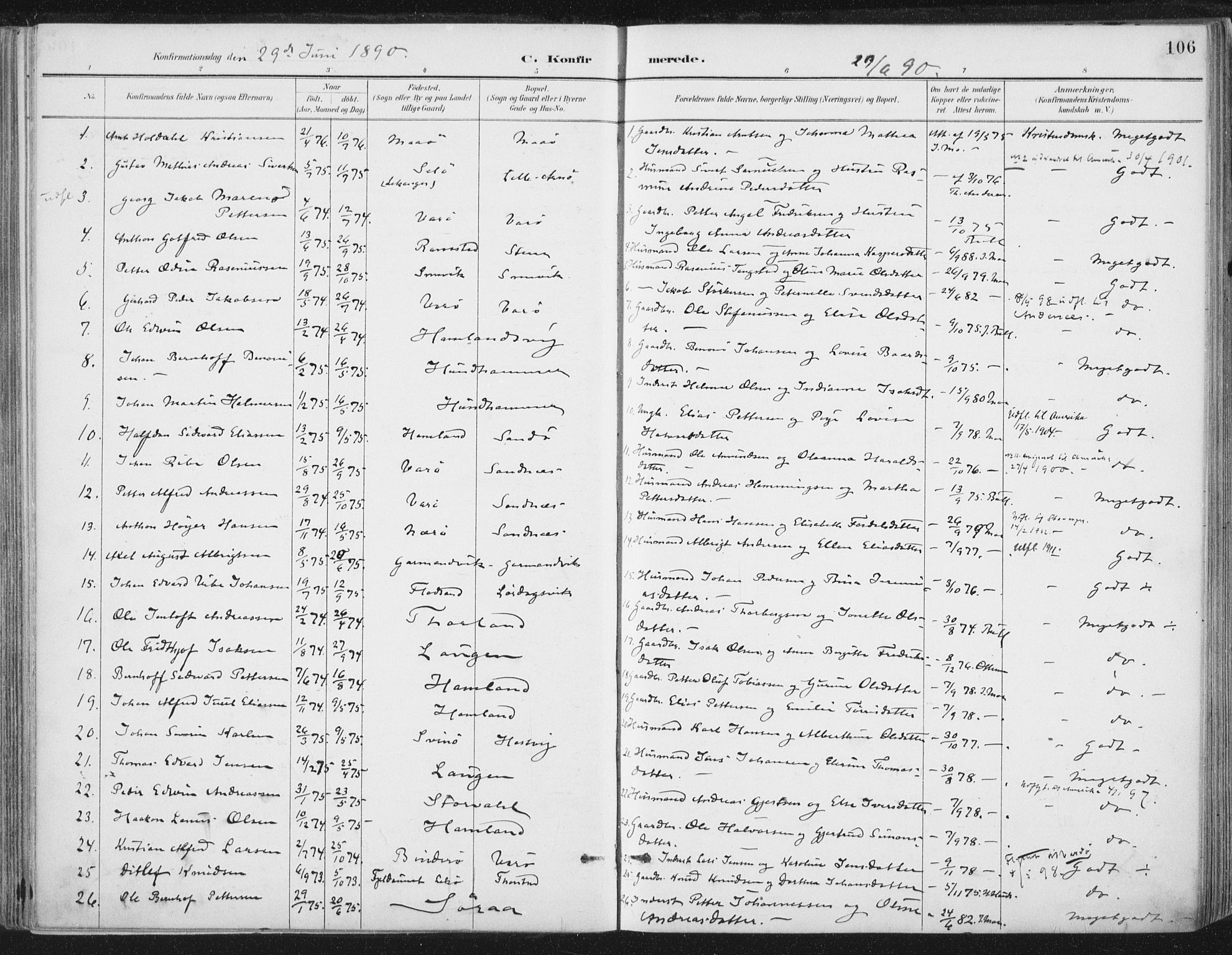 Ministerialprotokoller, klokkerbøker og fødselsregistre - Nord-Trøndelag, SAT/A-1458/784/L0673: Parish register (official) no. 784A08, 1888-1899, p. 106