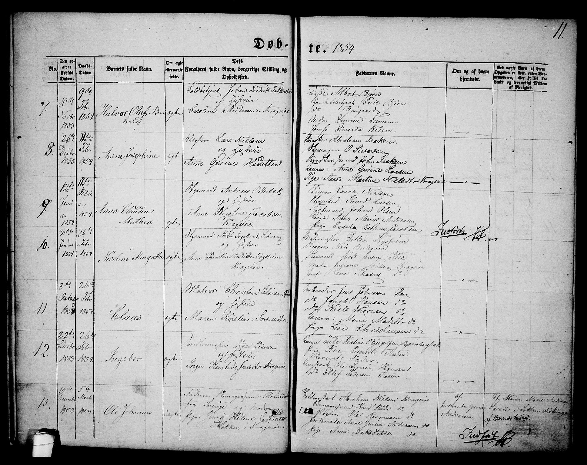 Kragerø kirkebøker, AV/SAKO-A-278/G/Ga/L0004: Parish register (copy) no. 4, 1853-1865, p. 11