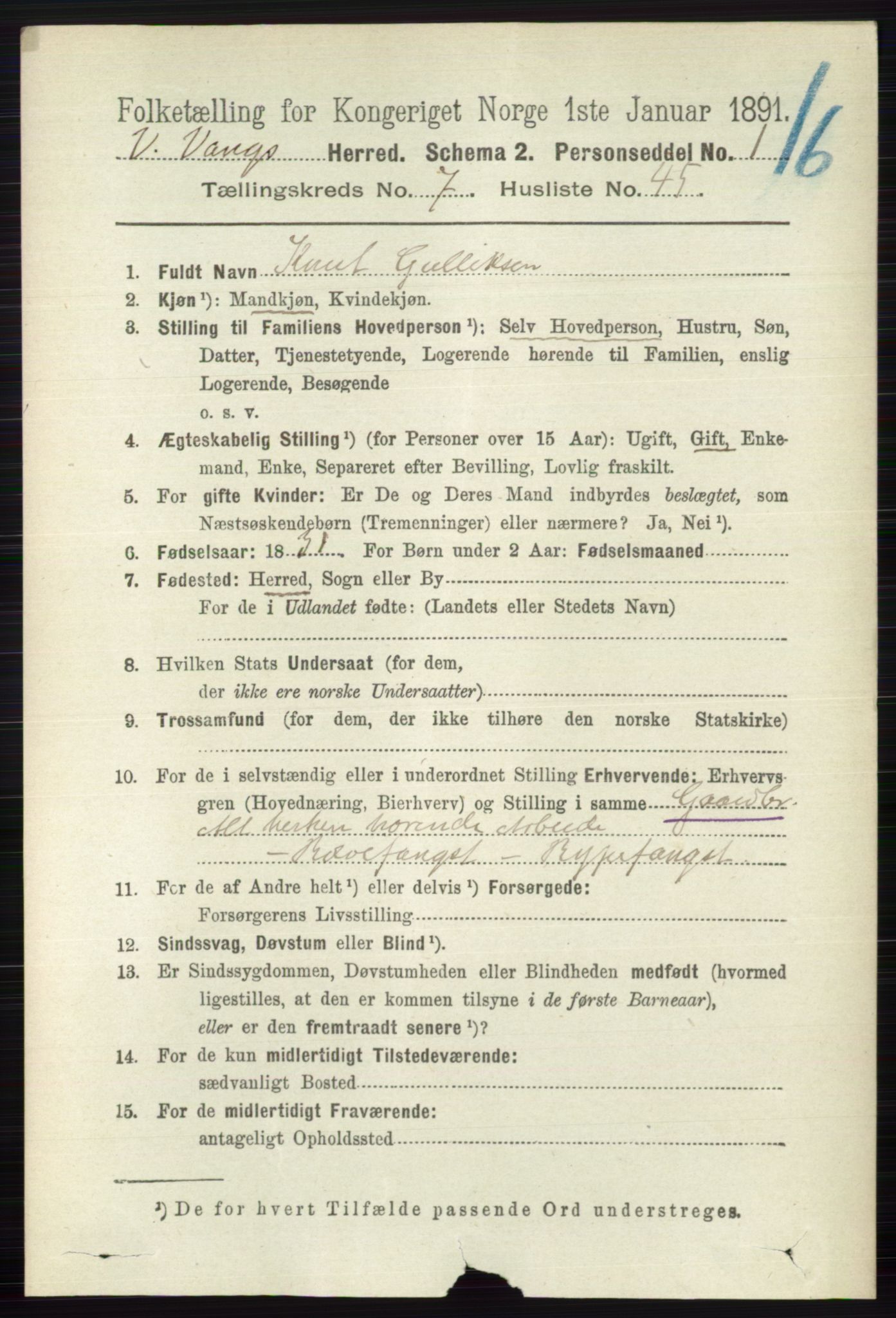 RA, 1891 census for 0545 Vang, 1891, p. 1700
