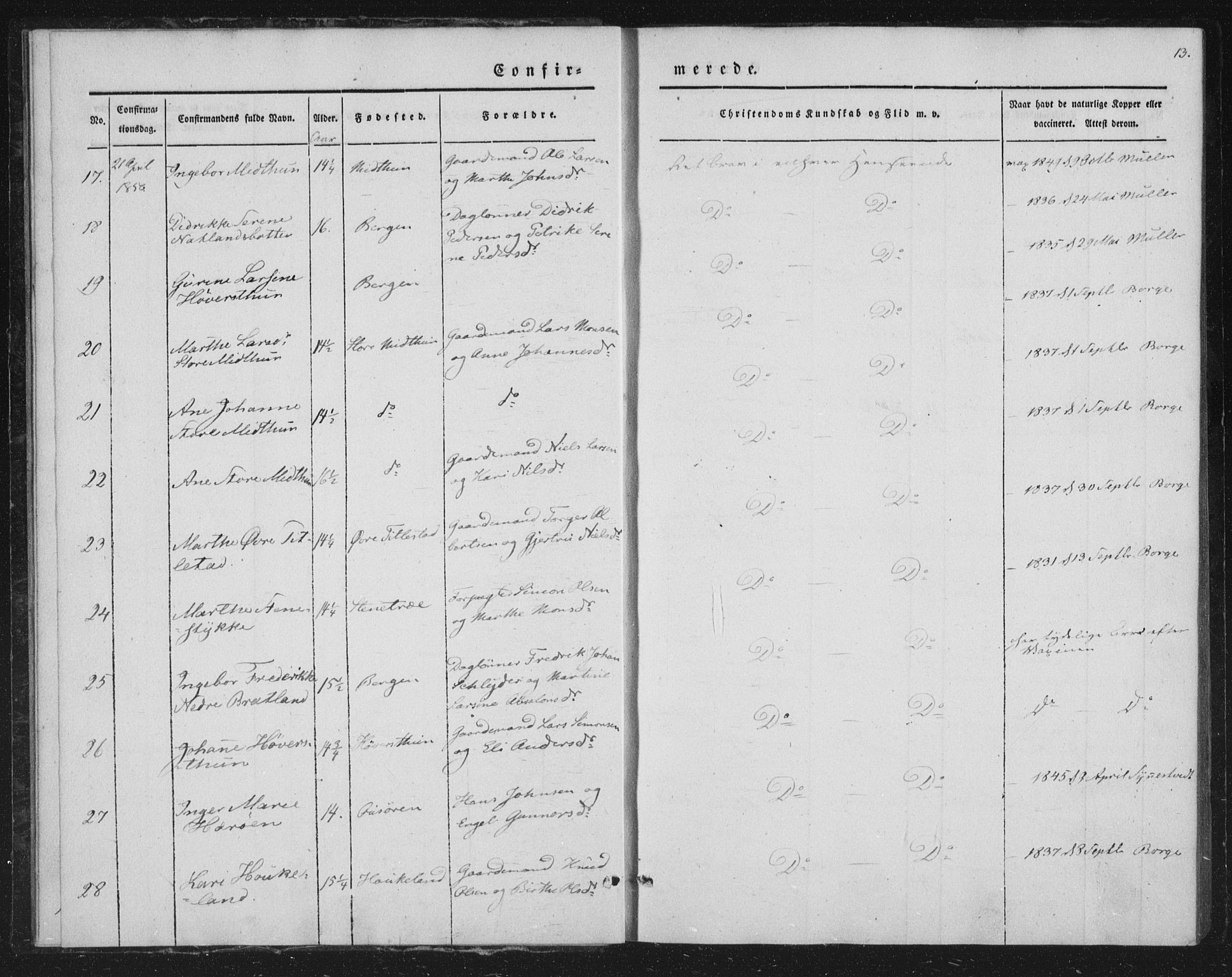 Fana Sokneprestembete, AV/SAB-A-75101/H/Haa/Haaa/L0009: Parish register (official) no. A 9, 1849-1850, p. 13