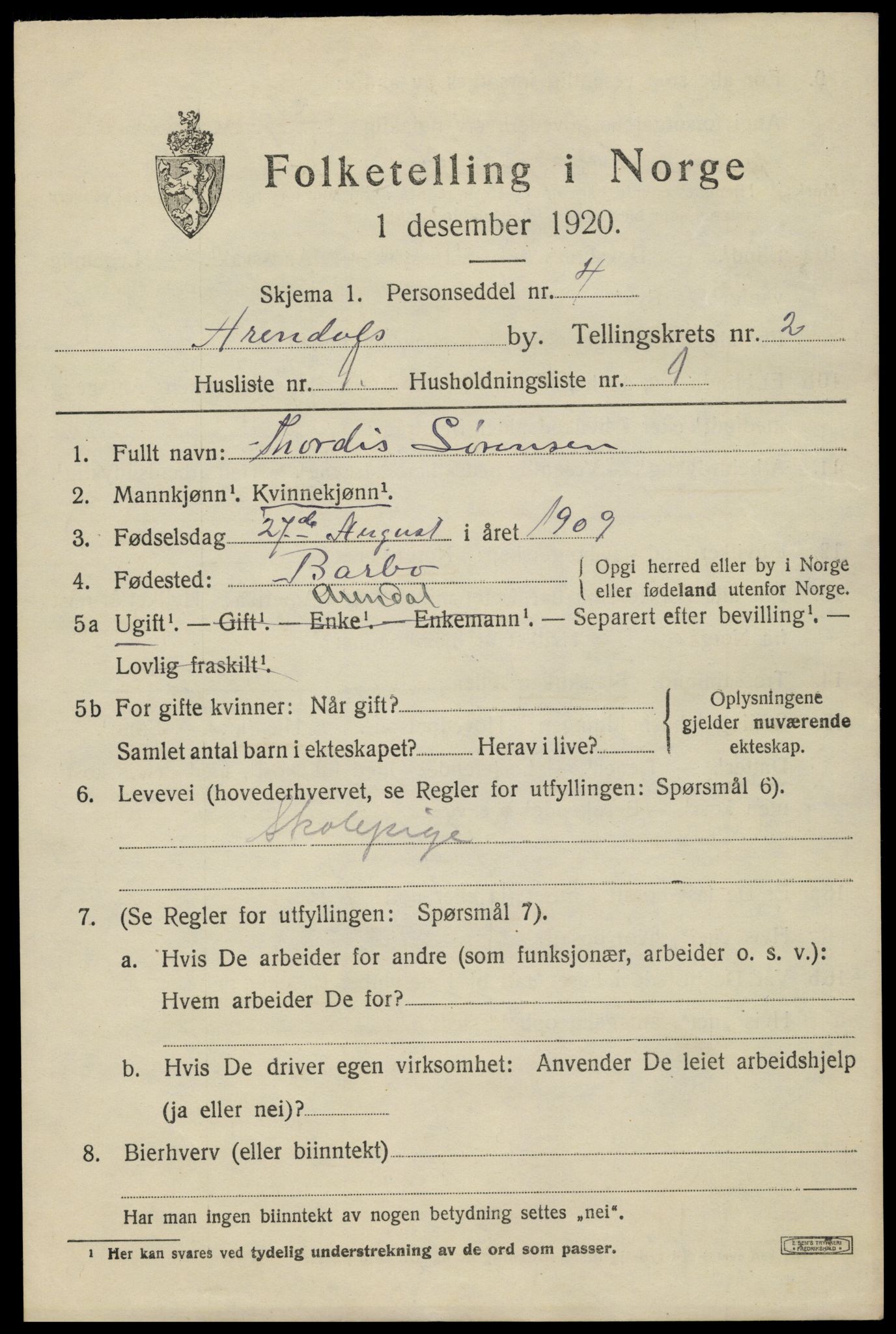 SAK, 1920 census for Arendal, 1920, p. 10012