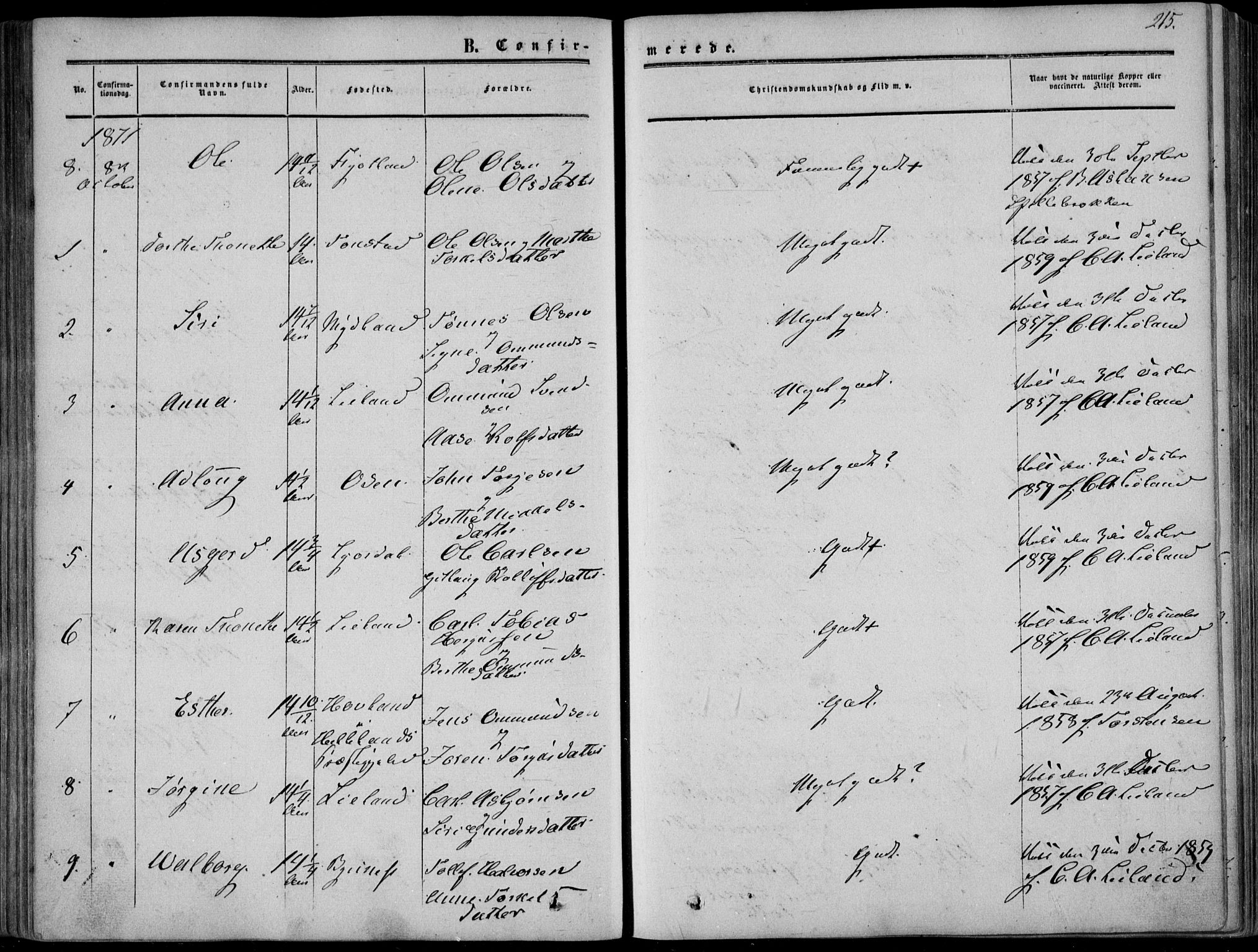 Sirdal sokneprestkontor, SAK/1111-0036/F/Fa/Fab/L0002: Parish register (official) no. A 2, 1855-1874, p. 215