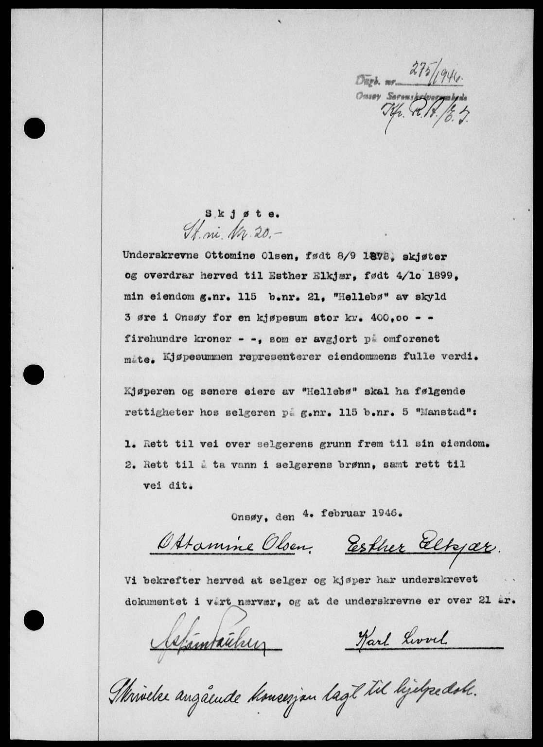 Onsøy sorenskriveri, SAO/A-10474/G/Ga/Gab/L0015: Mortgage book no. II A-15, 1945-1946, Diary no: : 275/1946
