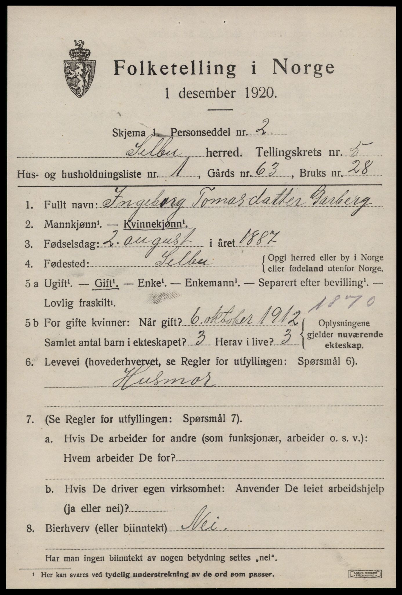 SAT, 1920 census for Selbu, 1920, p. 3202