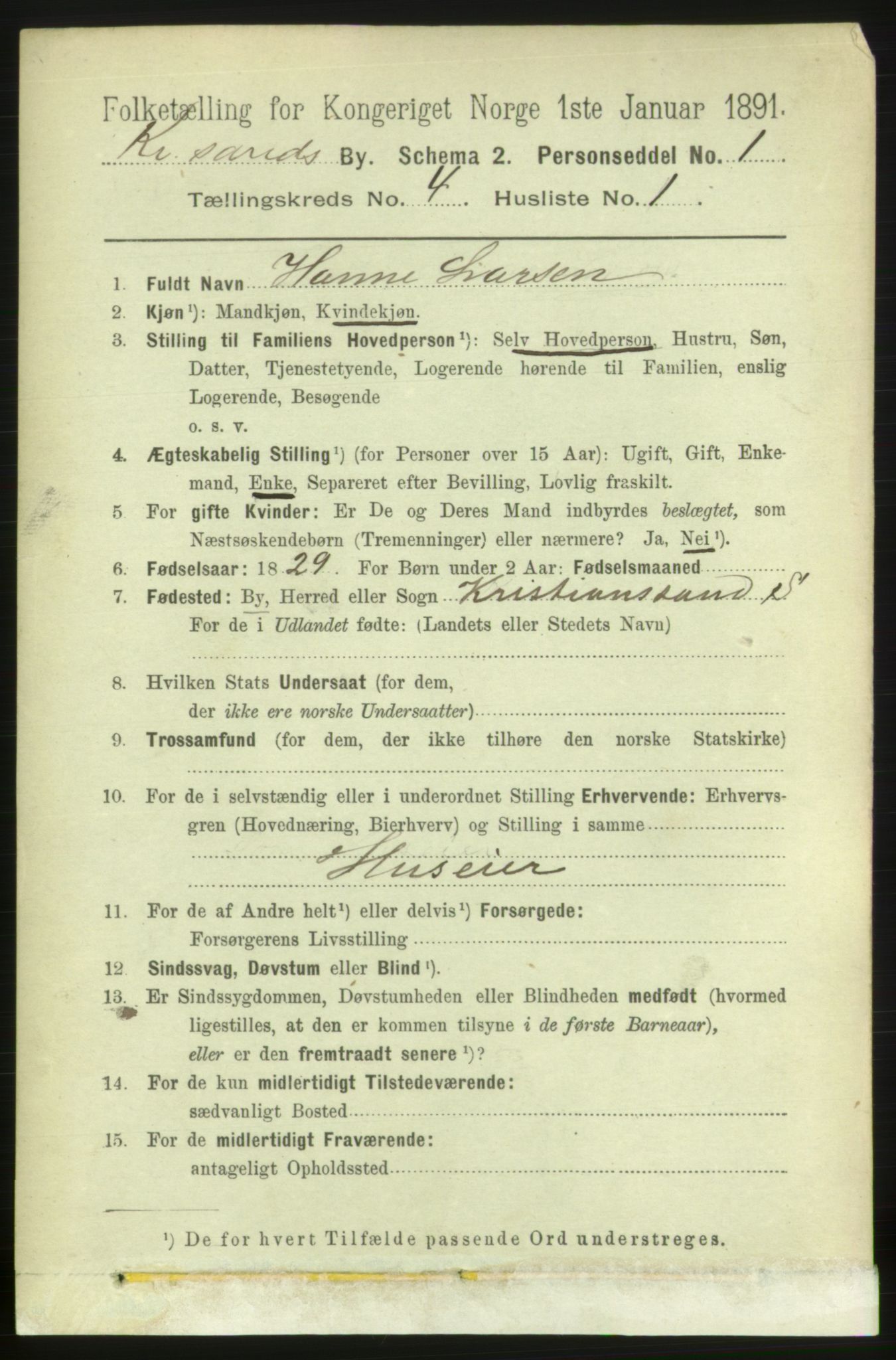 RA, 1891 census for 1001 Kristiansand, 1891, p. 3516