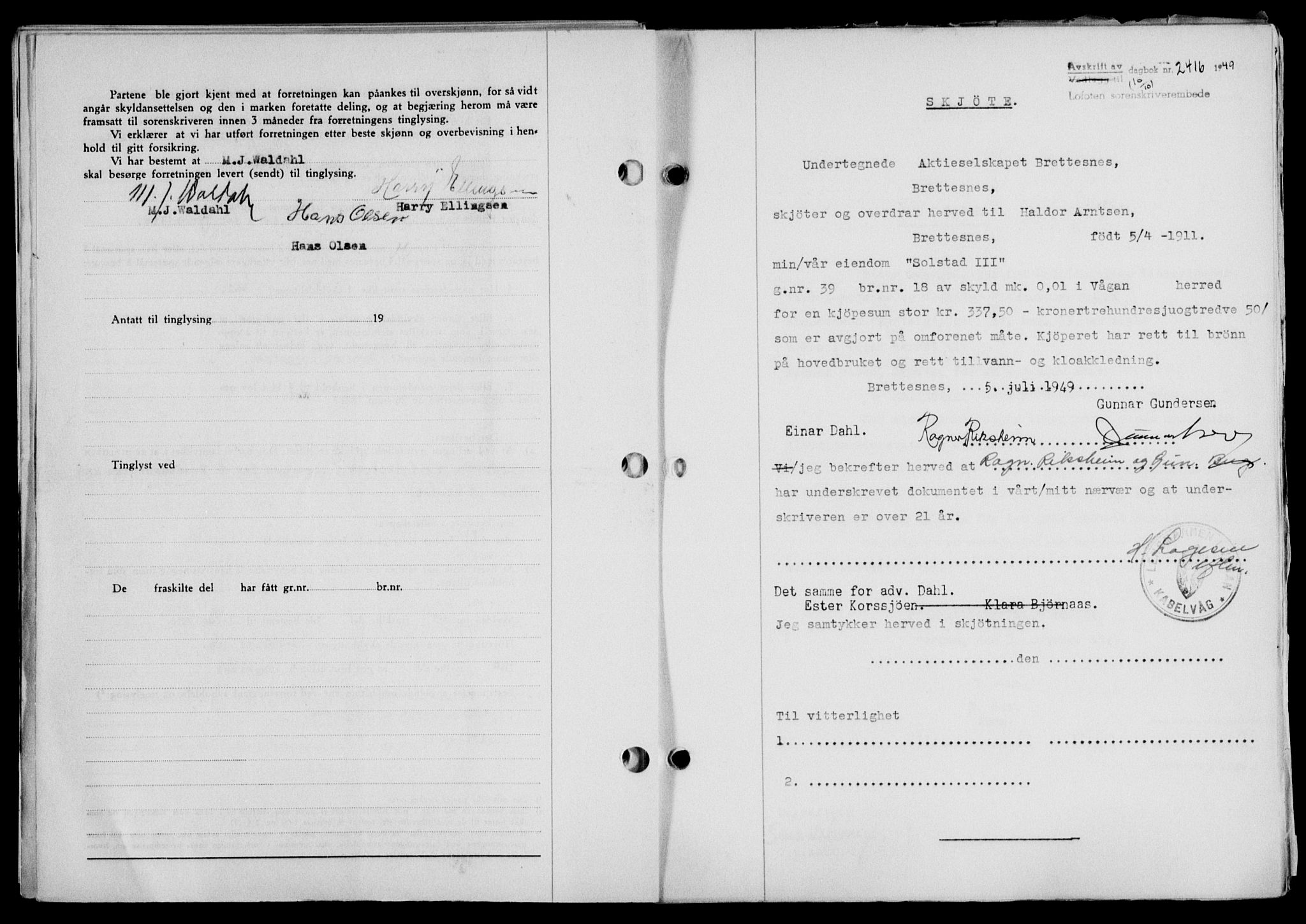 Lofoten sorenskriveri, SAT/A-0017/1/2/2C/L0022a: Mortgage book no. 22a, 1949-1950, Diary no: : 2416/1949