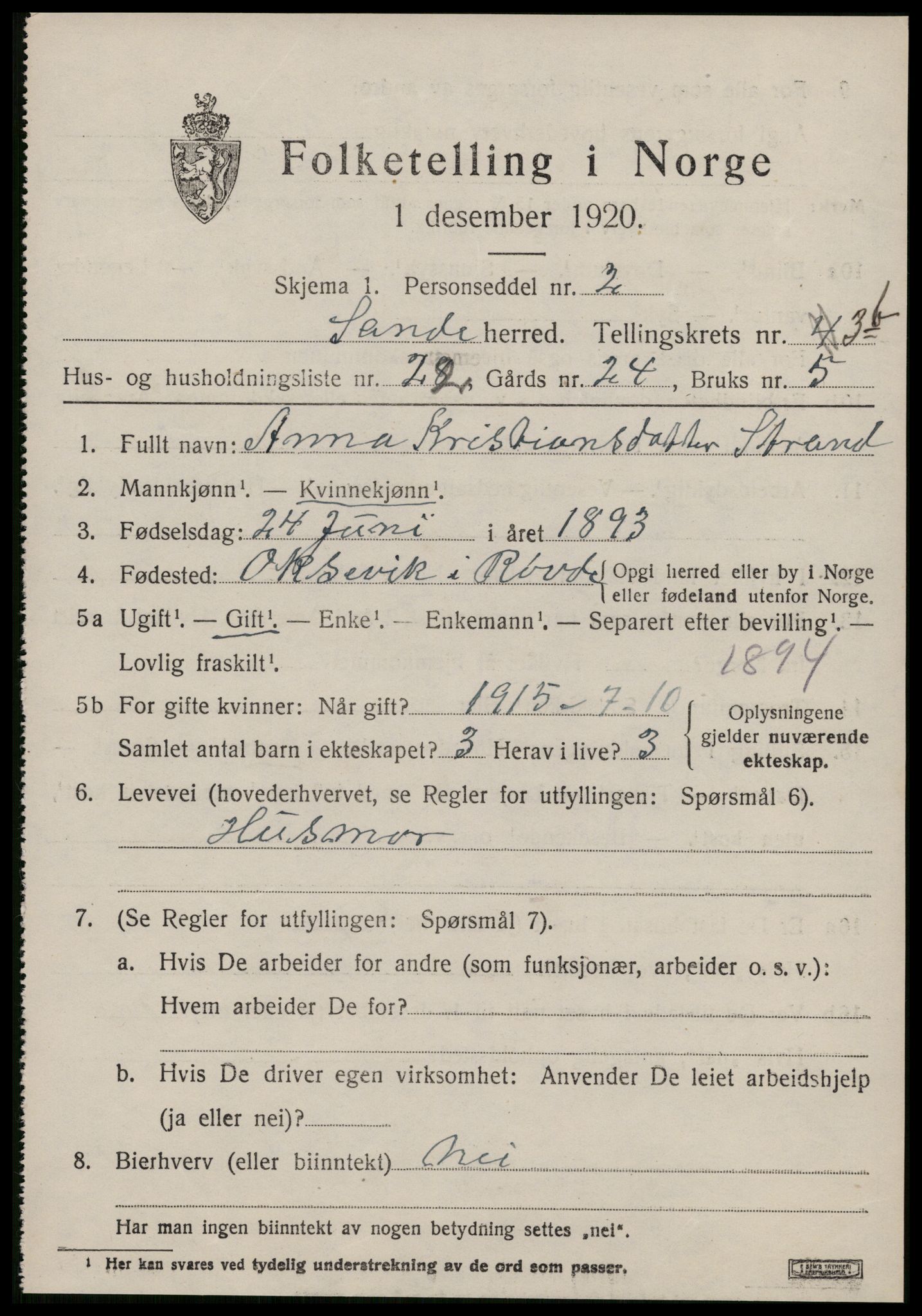 SAT, 1920 census for Sande (MR), 1920, p. 2952