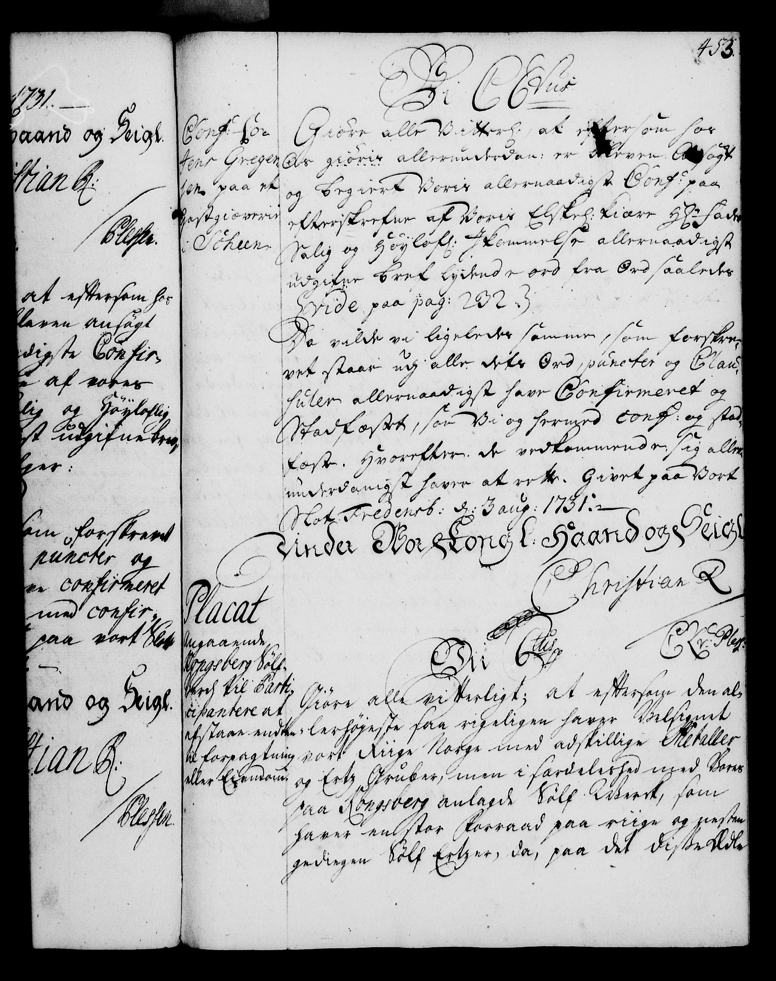 Rentekammeret, Kammerkanselliet, RA/EA-3111/G/Gg/Gga/L0003: Norsk ekspedisjonsprotokoll med register (merket RK 53.3), 1727-1734, p. 453