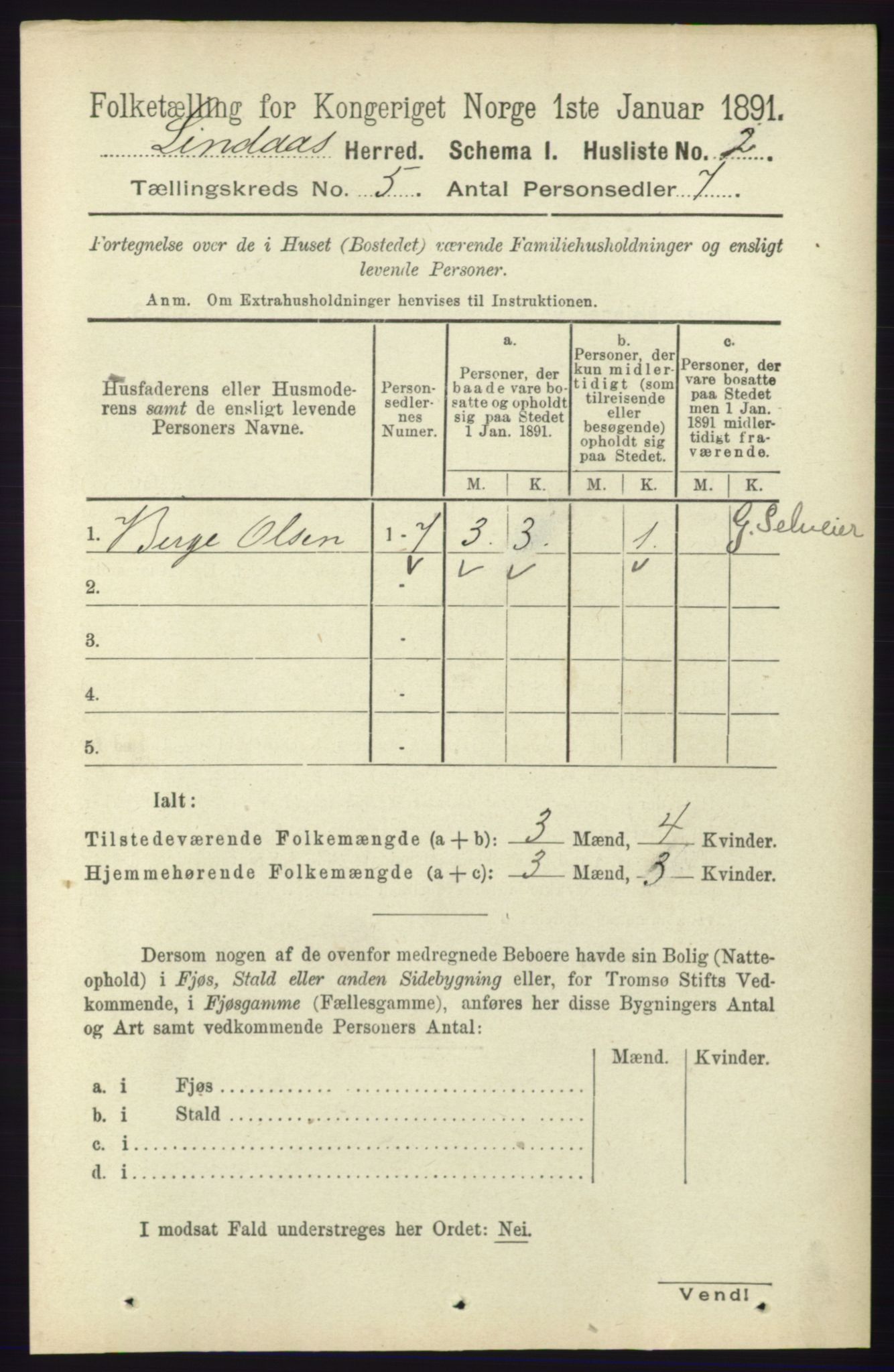 RA, 1891 census for 1263 Lindås, 1891, p. 1397