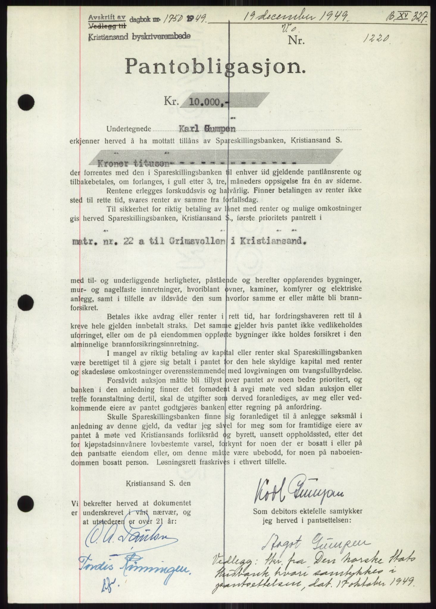 Kristiansand byrett, AV/SAK-1223-0001/G/Gb/Gbb/L0012: Mortgage book no. B 15, 1949-1950, Diary no: : 1750/1949