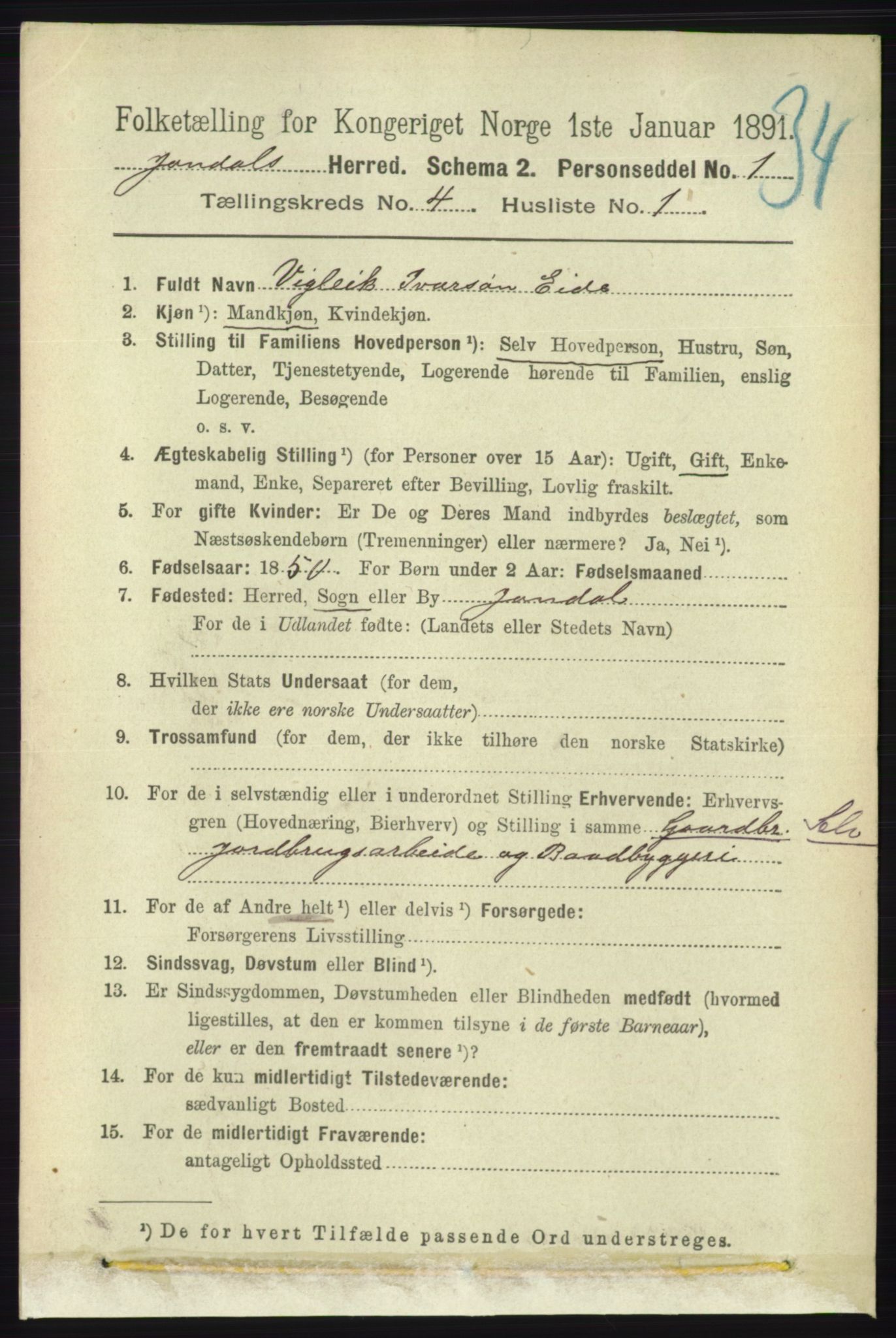 RA, 1891 census for 1227 Jondal, 1891, p. 2061