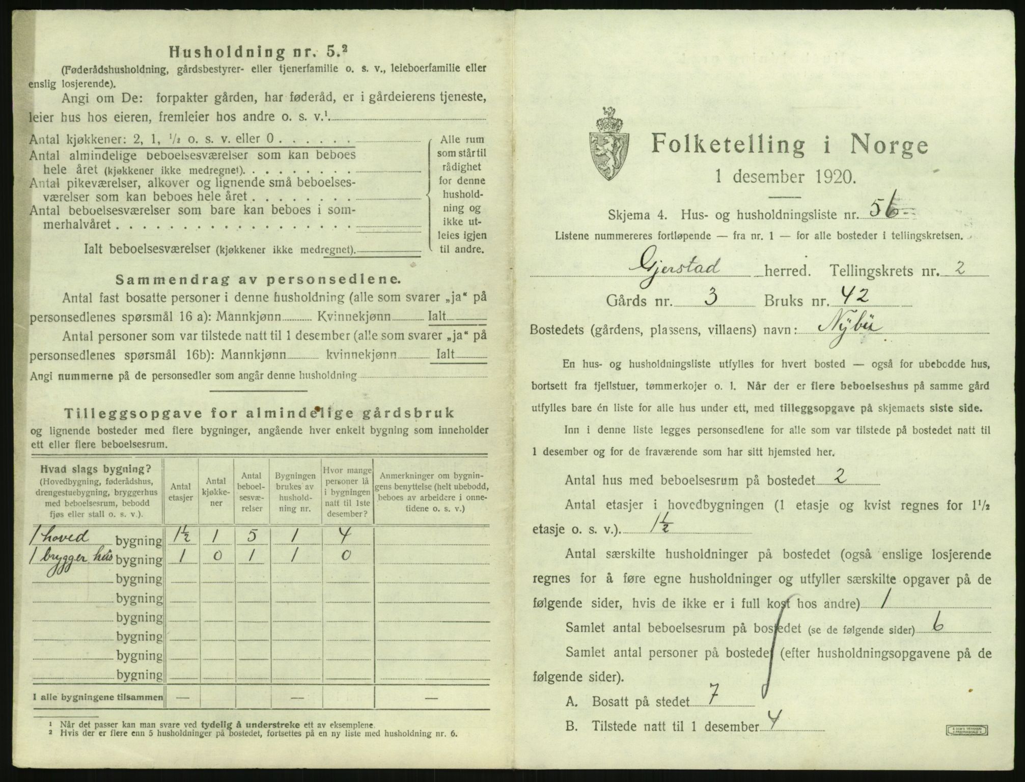 SAK, 1920 census for Gjerstad, 1920, p. 215