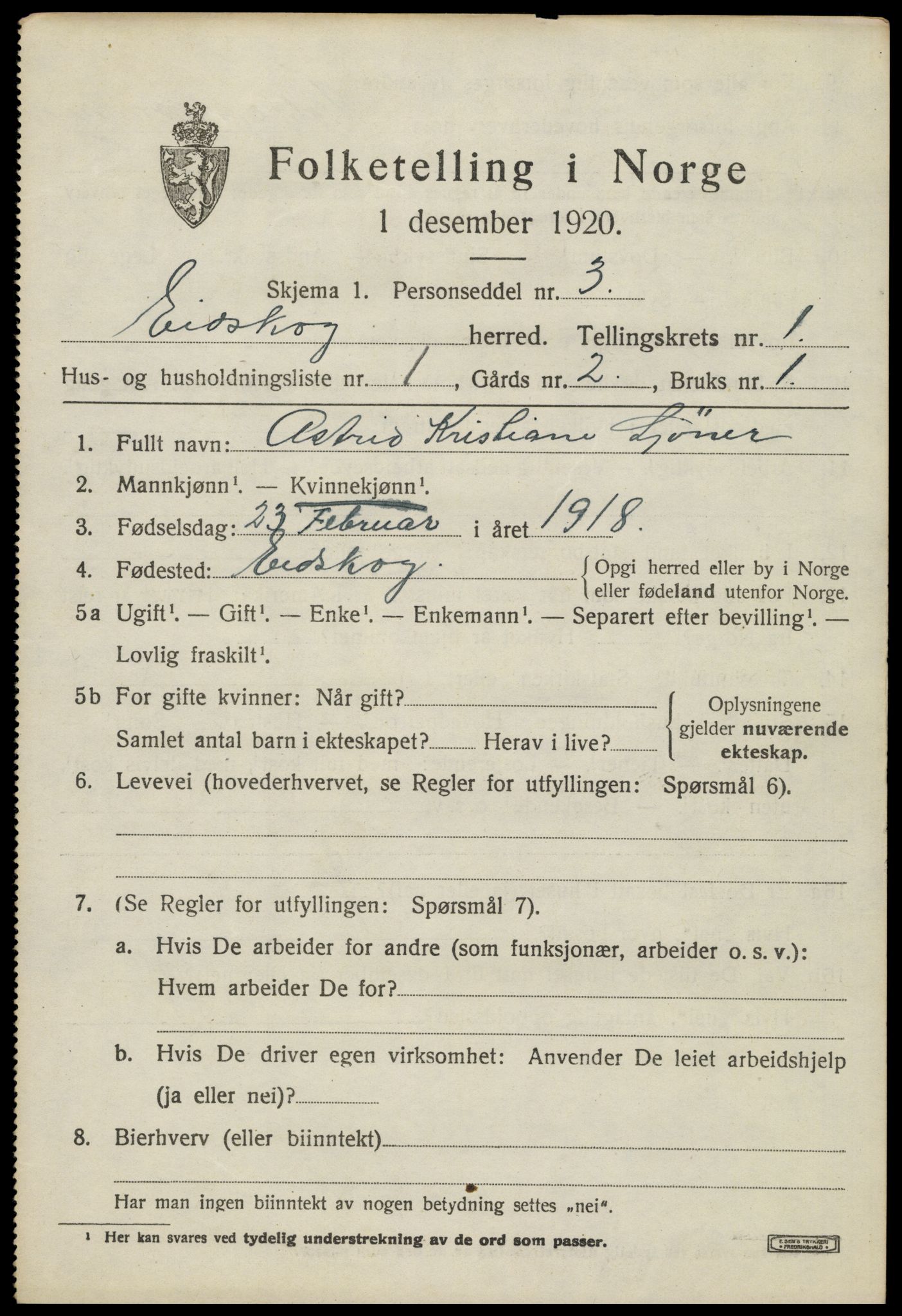 SAH, 1920 census for Eidskog, 1920, p. 2409