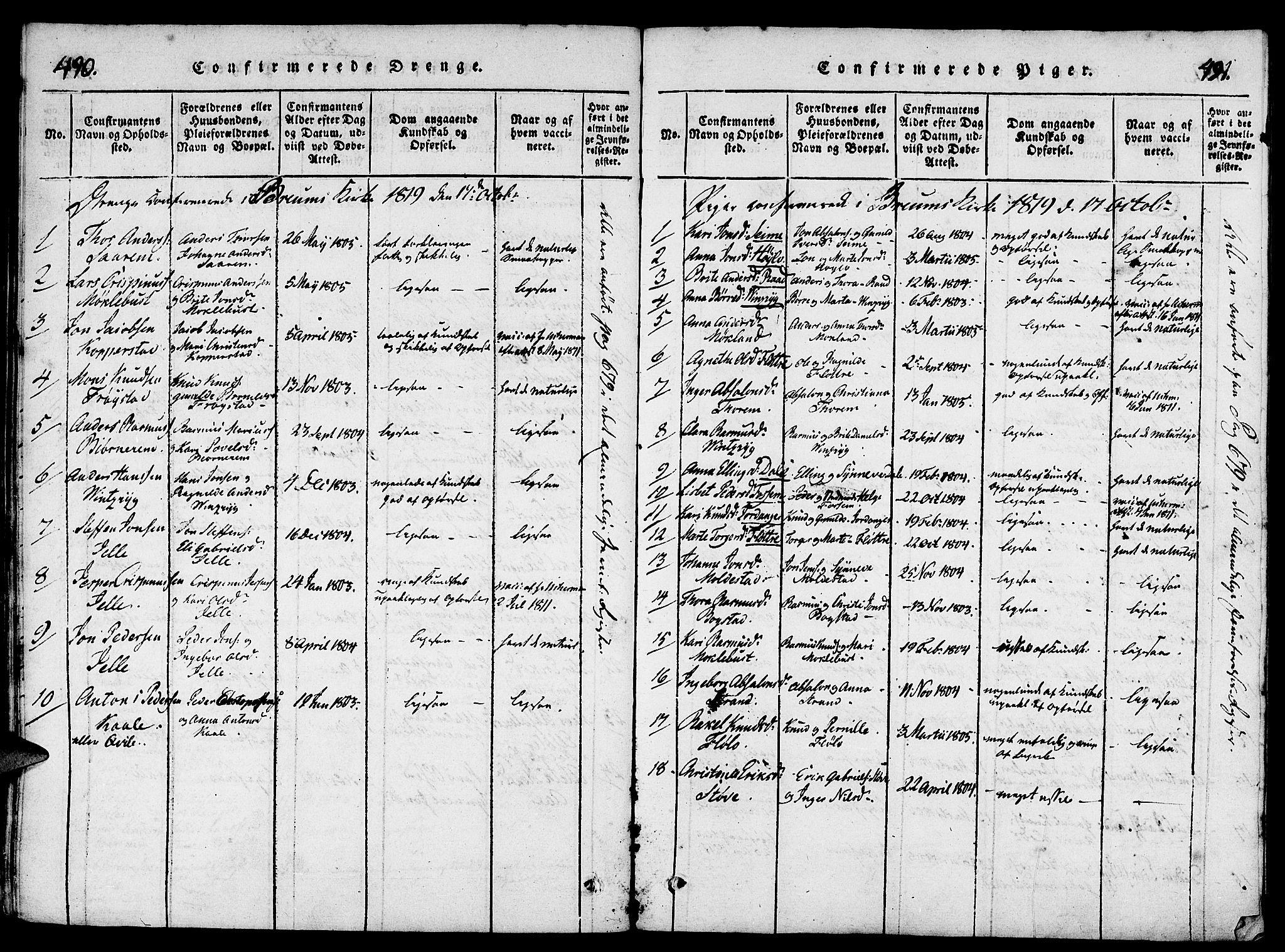 Gloppen sokneprestembete, SAB/A-80101/H/Haa/Haaa/L0006: Parish register (official) no. A 6, 1816-1826, p. 490-491