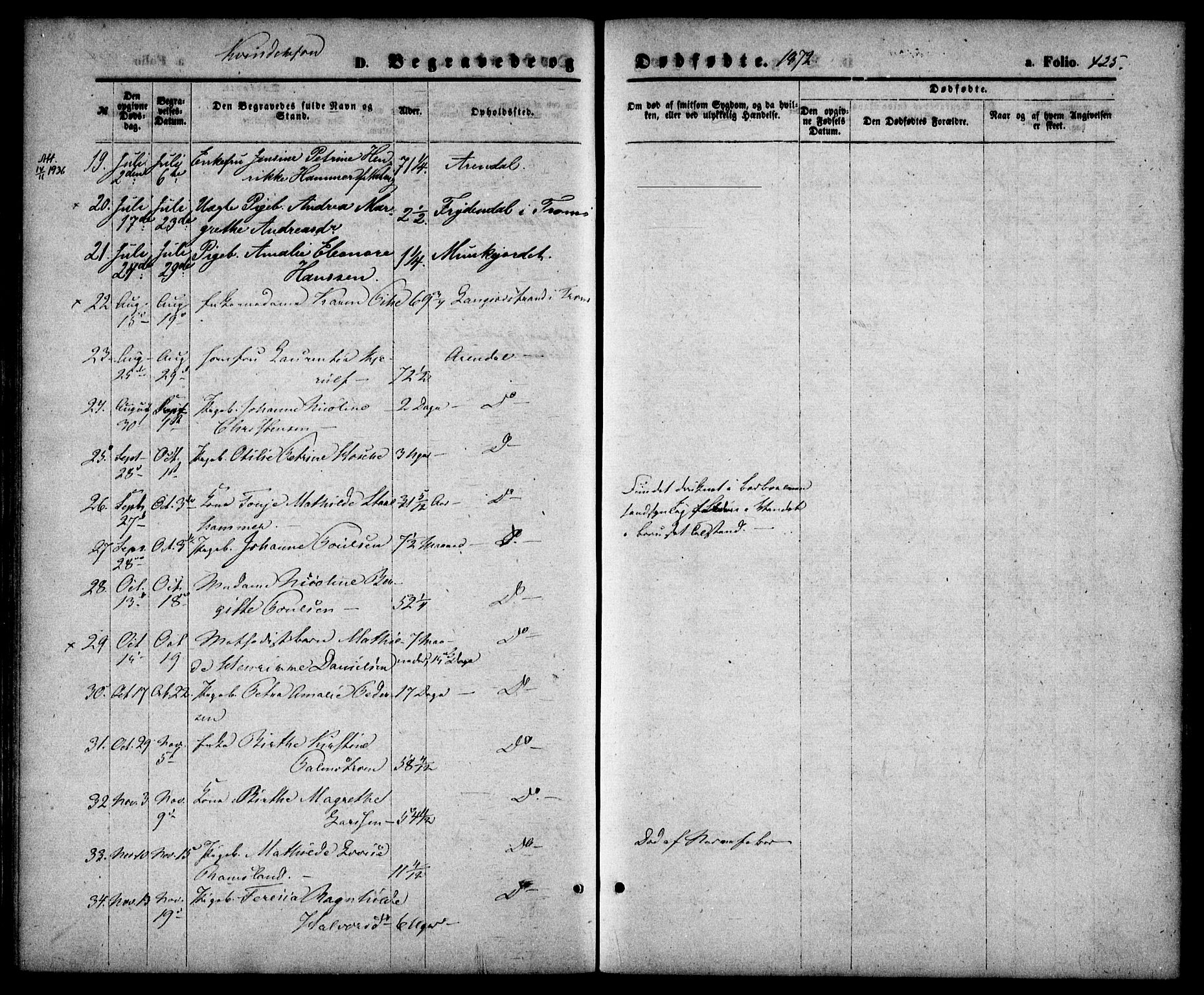 Arendal sokneprestkontor, Trefoldighet, SAK/1111-0040/F/Fa/L0007: Parish register (official) no. A 7, 1868-1878, p. 425