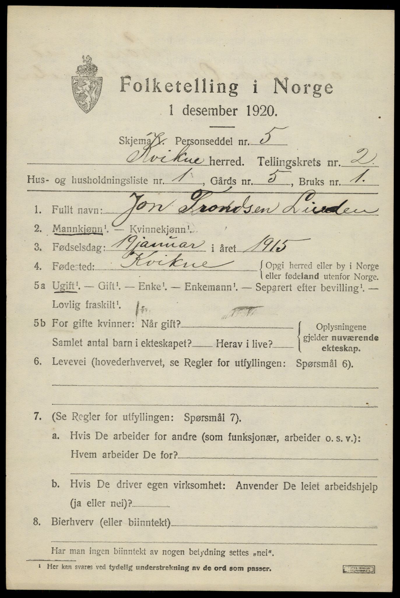 SAH, 1920 census for Kvikne, 1920, p. 976