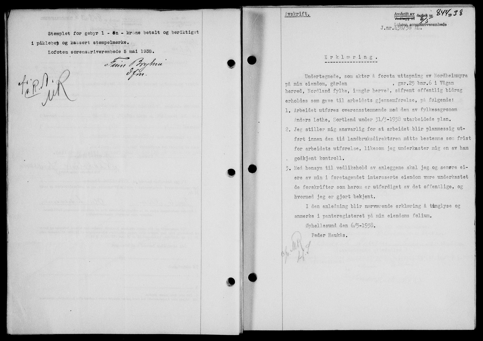 Lofoten sorenskriveri, SAT/A-0017/1/2/2C/L0004a: Mortgage book no. 4a, 1938-1938, Diary no: : 844/1938