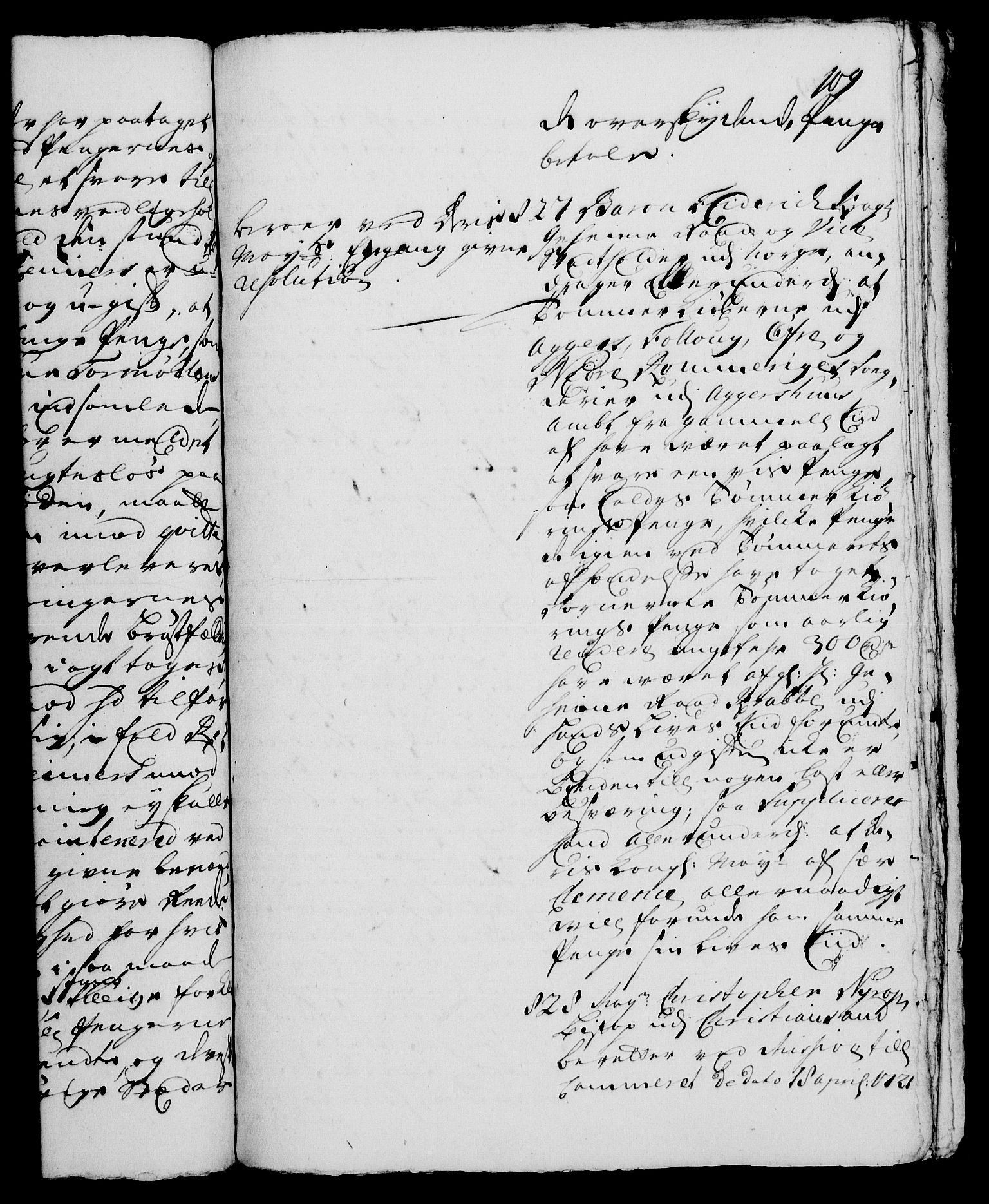 Rentekammeret, Kammerkanselliet, RA/EA-3111/G/Gh/Gha/L0004: Norsk ekstraktmemorialprotokoll, sak. 766-941 (merket RK 53.49), 1721, p. 109a