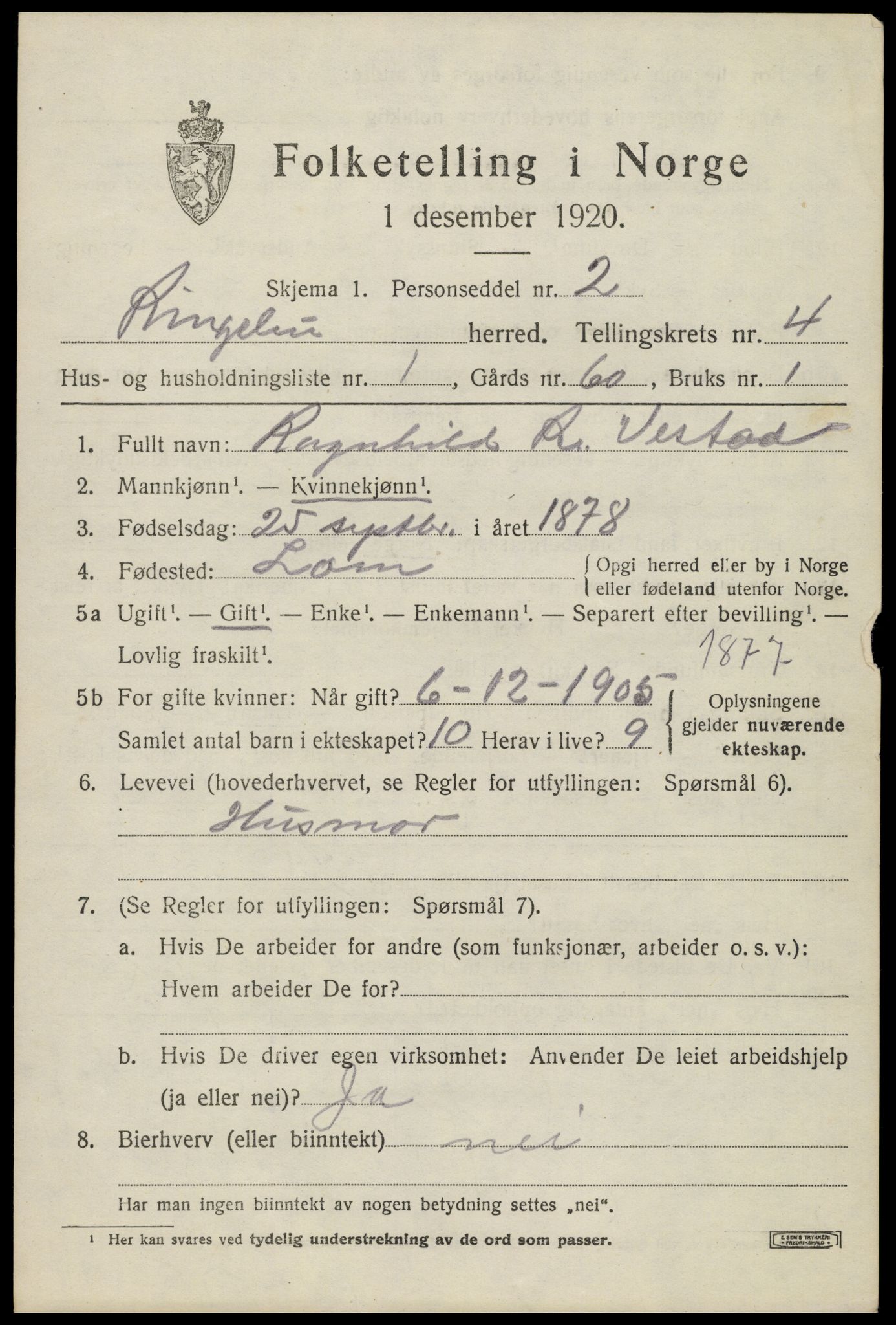 SAH, 1920 census for Ringebu, 1920, p. 5149