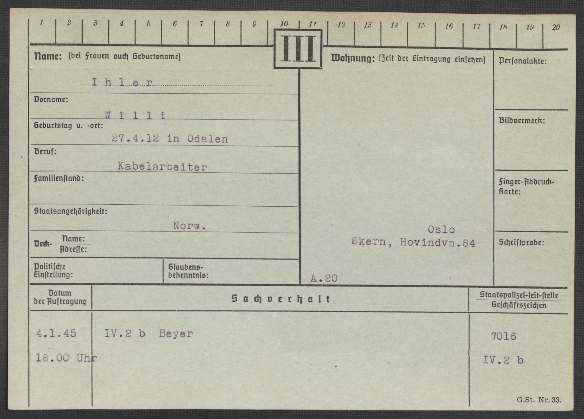 Befehlshaber der Sicherheitspolizei und des SD, RA/RAFA-5969/E/Ea/Eaa/L0005: Register over norske fanger i Møllergata 19: Hø-Kj, 1940-1945, p. 122
