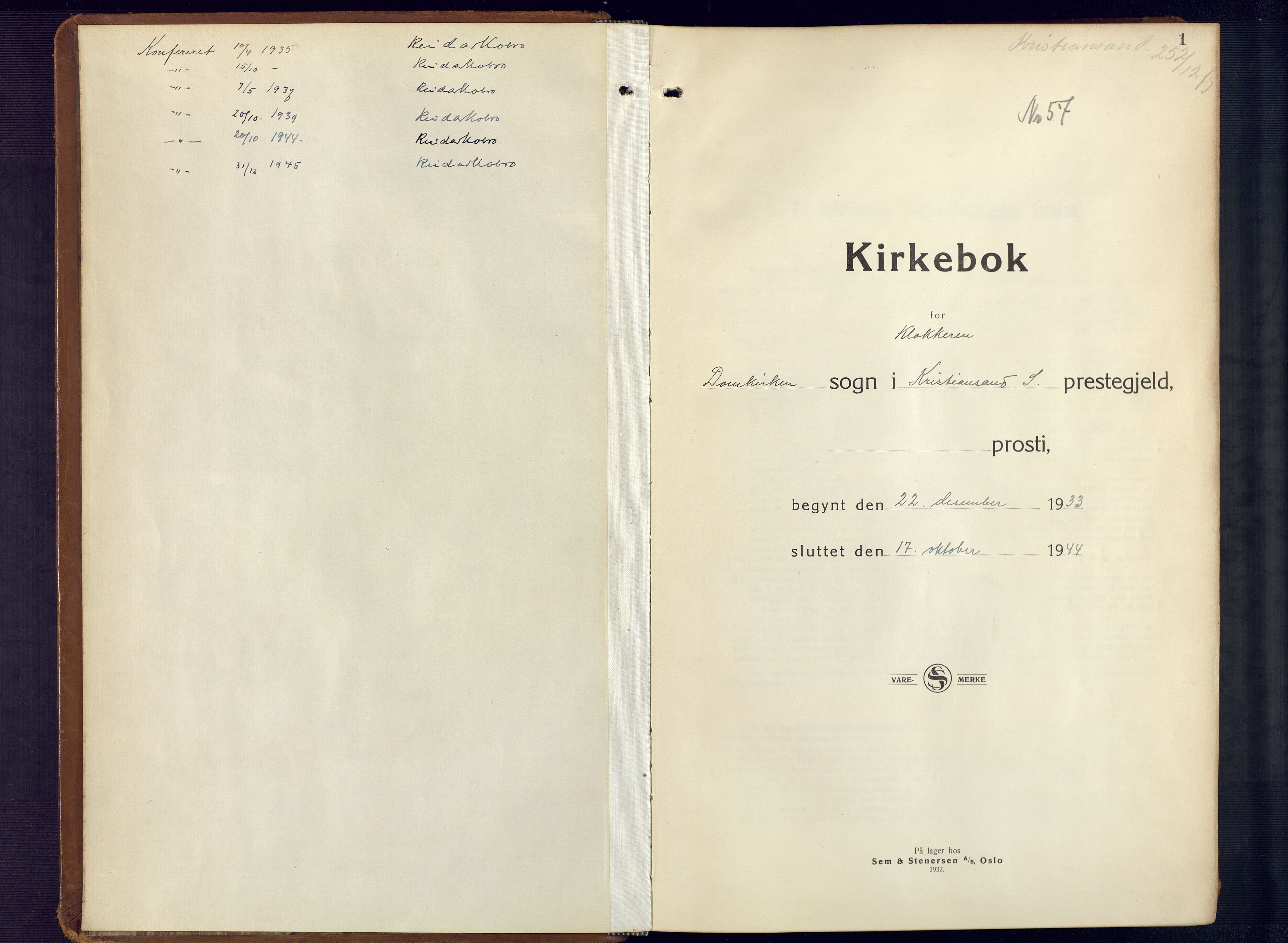 Kristiansand domprosti, SAK/1112-0006/F/Fb/L0026: Parish register (copy) no. B 26, 1933-1944, p. 1