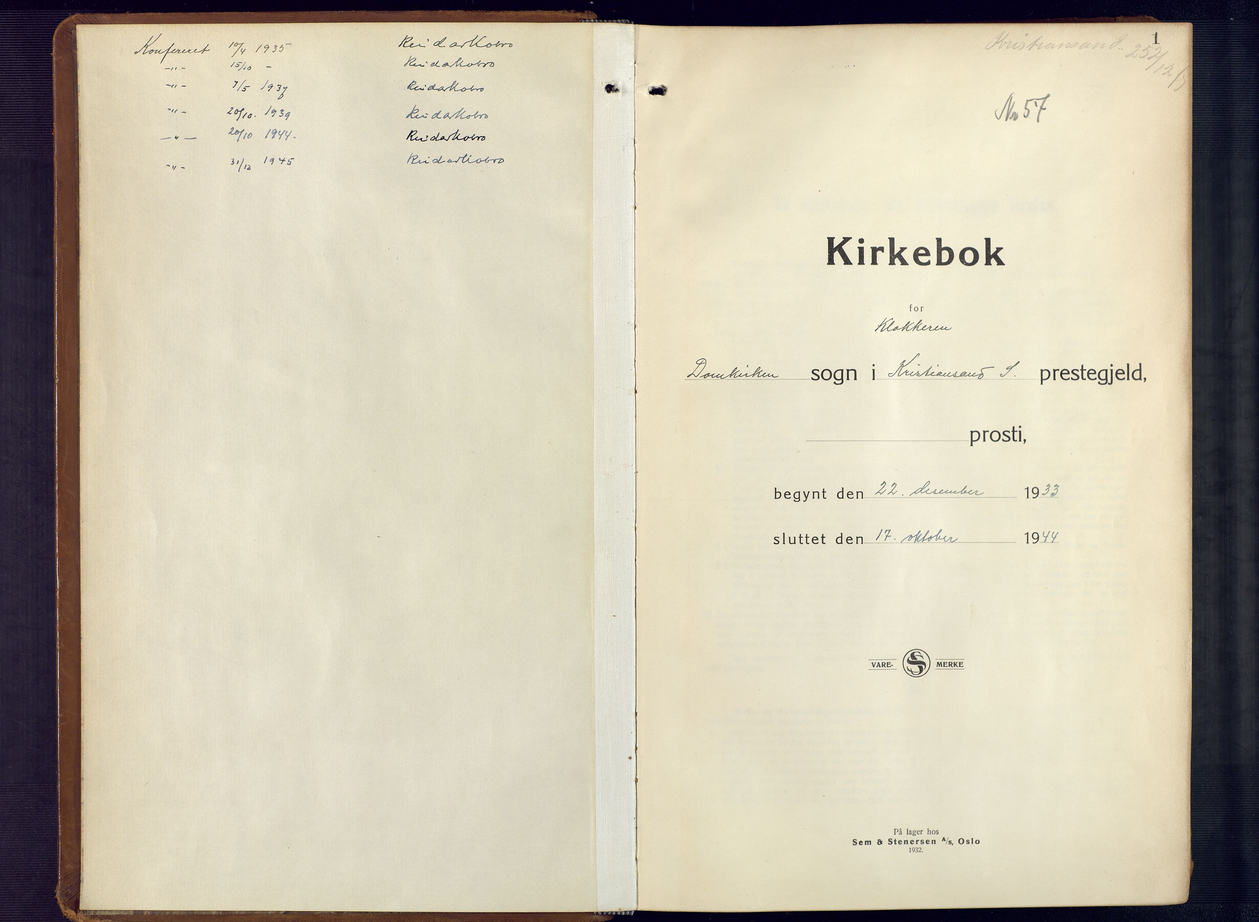 Kristiansand domprosti, AV/SAK-1112-0006/F/Fb/L0026: Parish register (copy) no. B 26, 1933-1944, p. 1