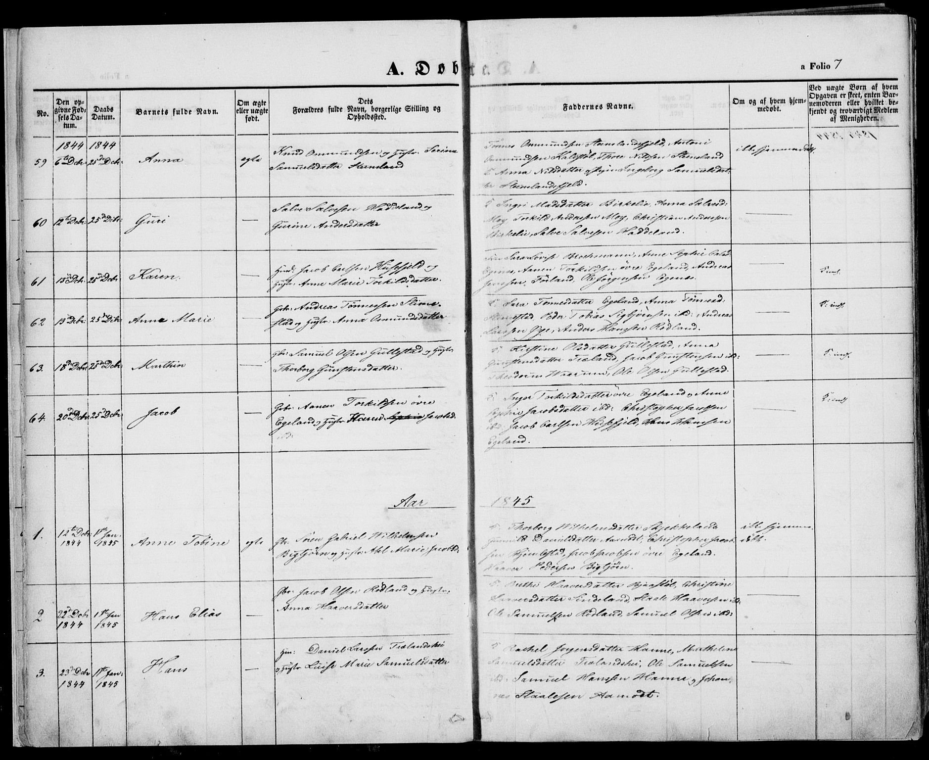 Kvinesdal sokneprestkontor, AV/SAK-1111-0026/F/Fa/Fab/L0005: Parish register (official) no. A 5, 1844-1857, p. 7