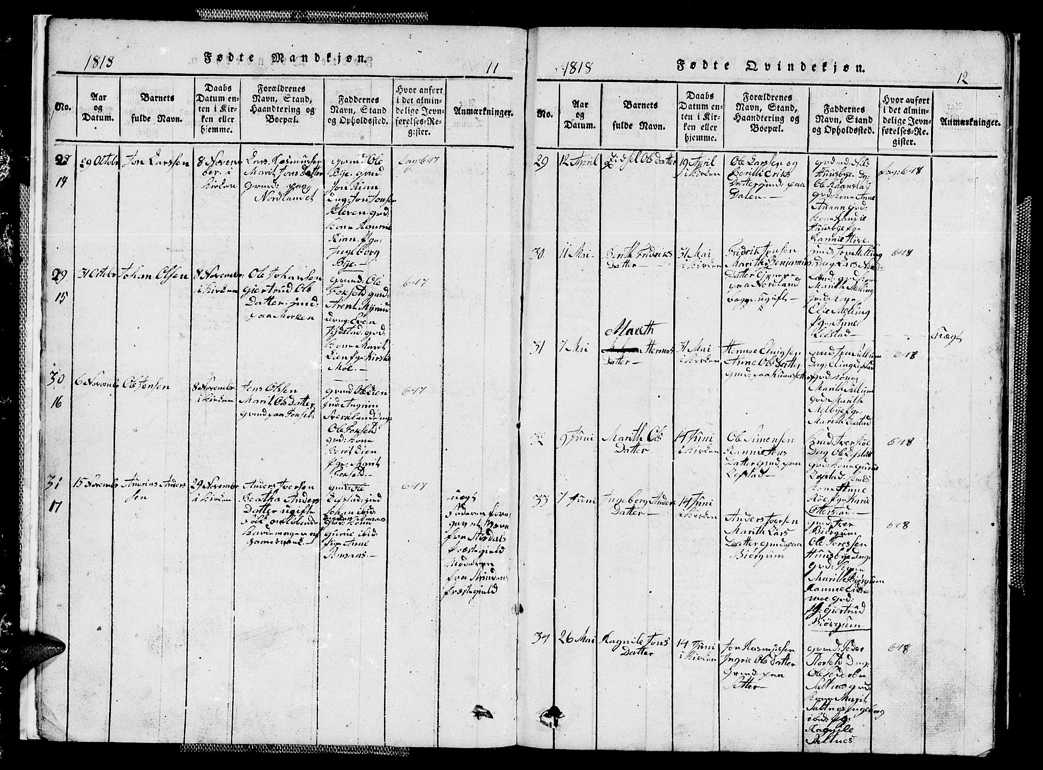 Ministerialprotokoller, klokkerbøker og fødselsregistre - Sør-Trøndelag, SAT/A-1456/667/L0796: Parish register (copy) no. 667C01, 1817-1836, p. 11-12