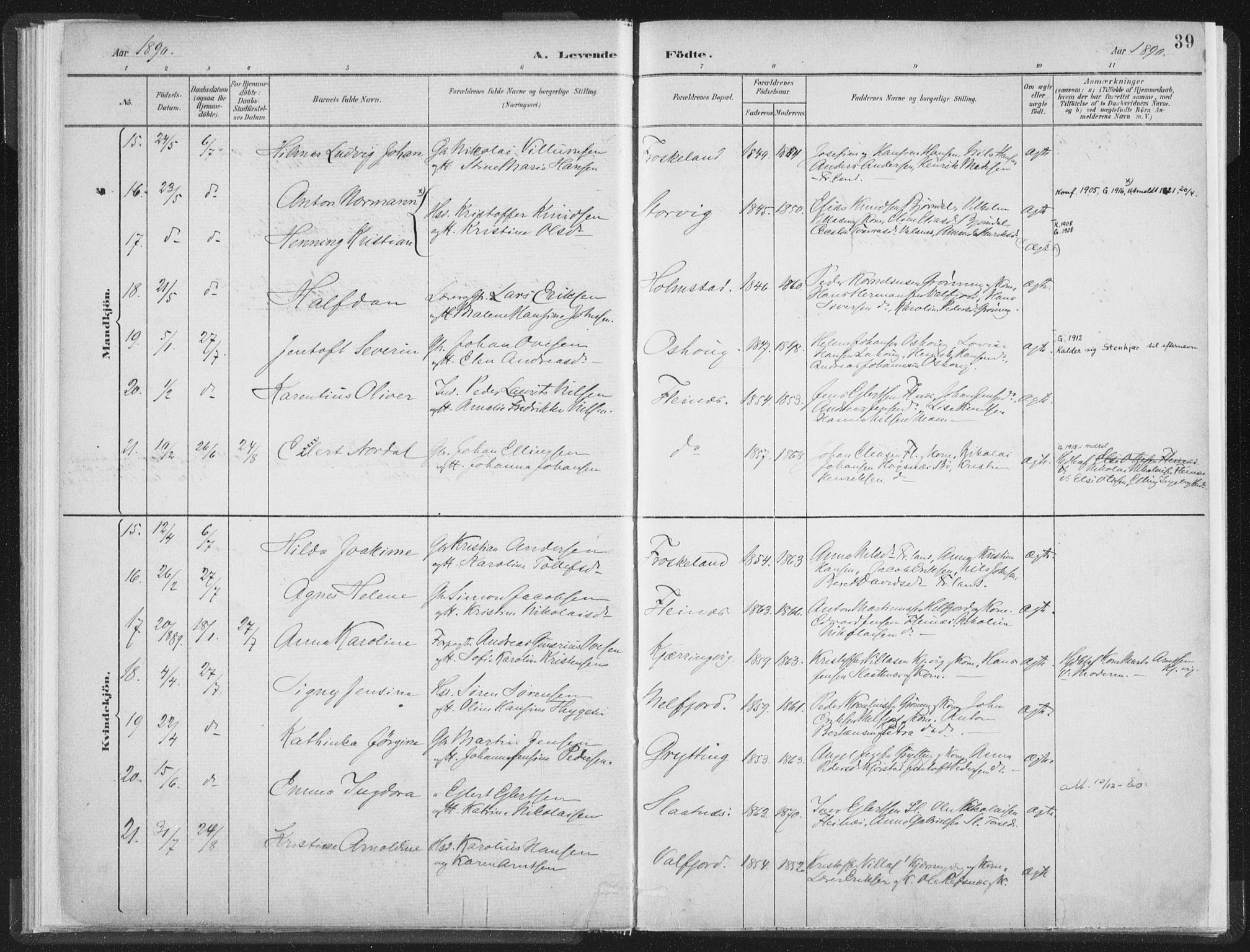 Ministerialprotokoller, klokkerbøker og fødselsregistre - Nordland, AV/SAT-A-1459/890/L1286: Parish register (official) no. 890A01, 1882-1902, p. 39