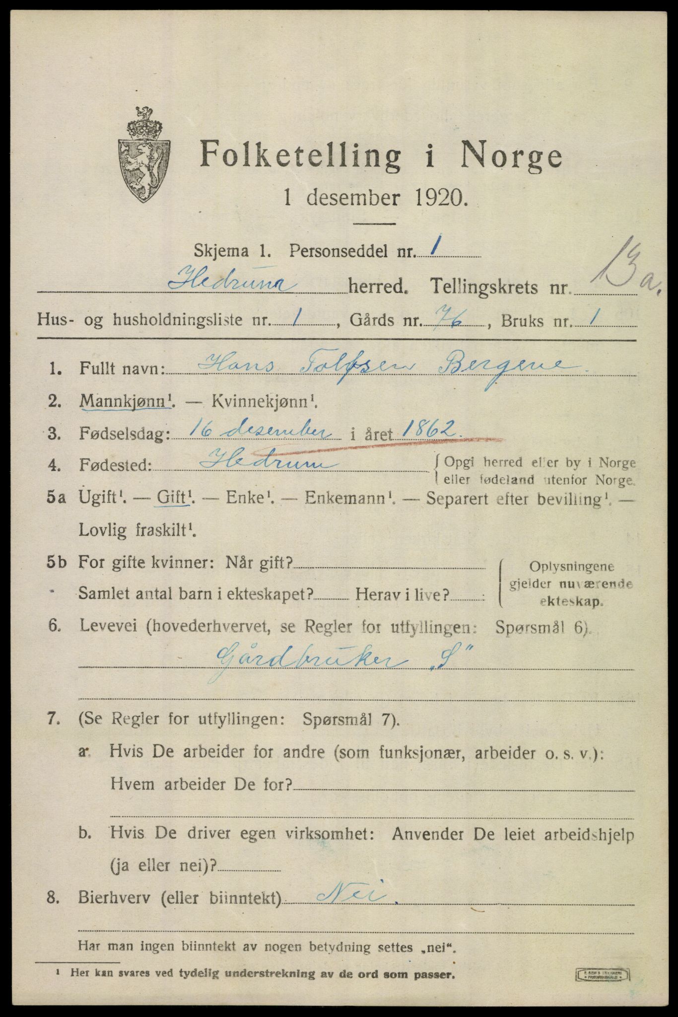 SAKO, 1920 census for Hedrum, 1920, p. 8589