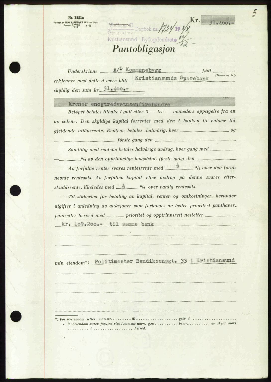 Kristiansund byfogd, AV/SAT-A-4587/A/27: Mortgage book no. 45, 1948-1949, Diary no: : 1724/1948